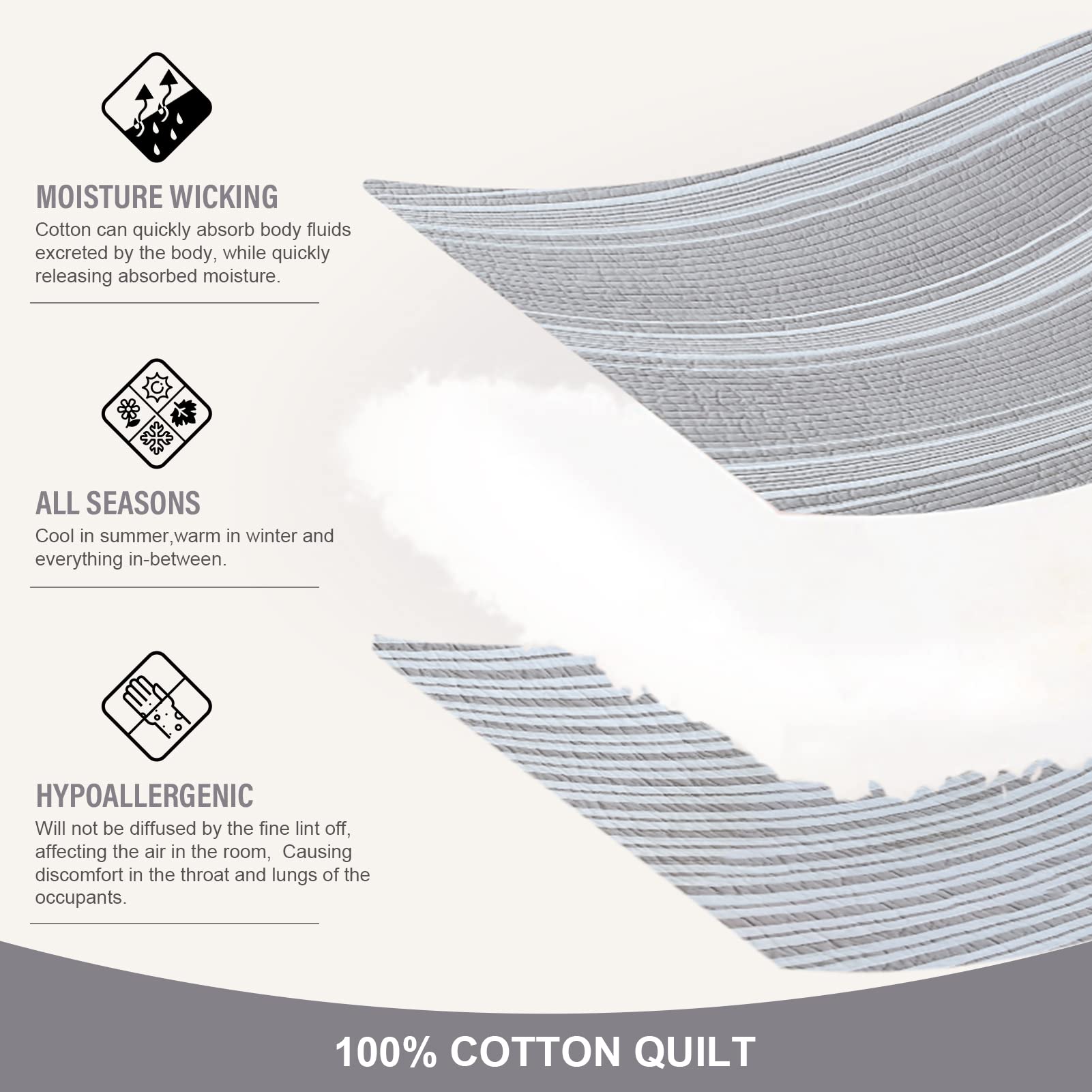Y-PLWOMEN 100% Cotton King Size Quilt Set - Lightweight Reversible Grey Striped Bedspread for All Seasons | 3-Piece Quilted Coverlet for King Bed | Perfect for Master Bedroom, Guest Room & Cozy Home Decor