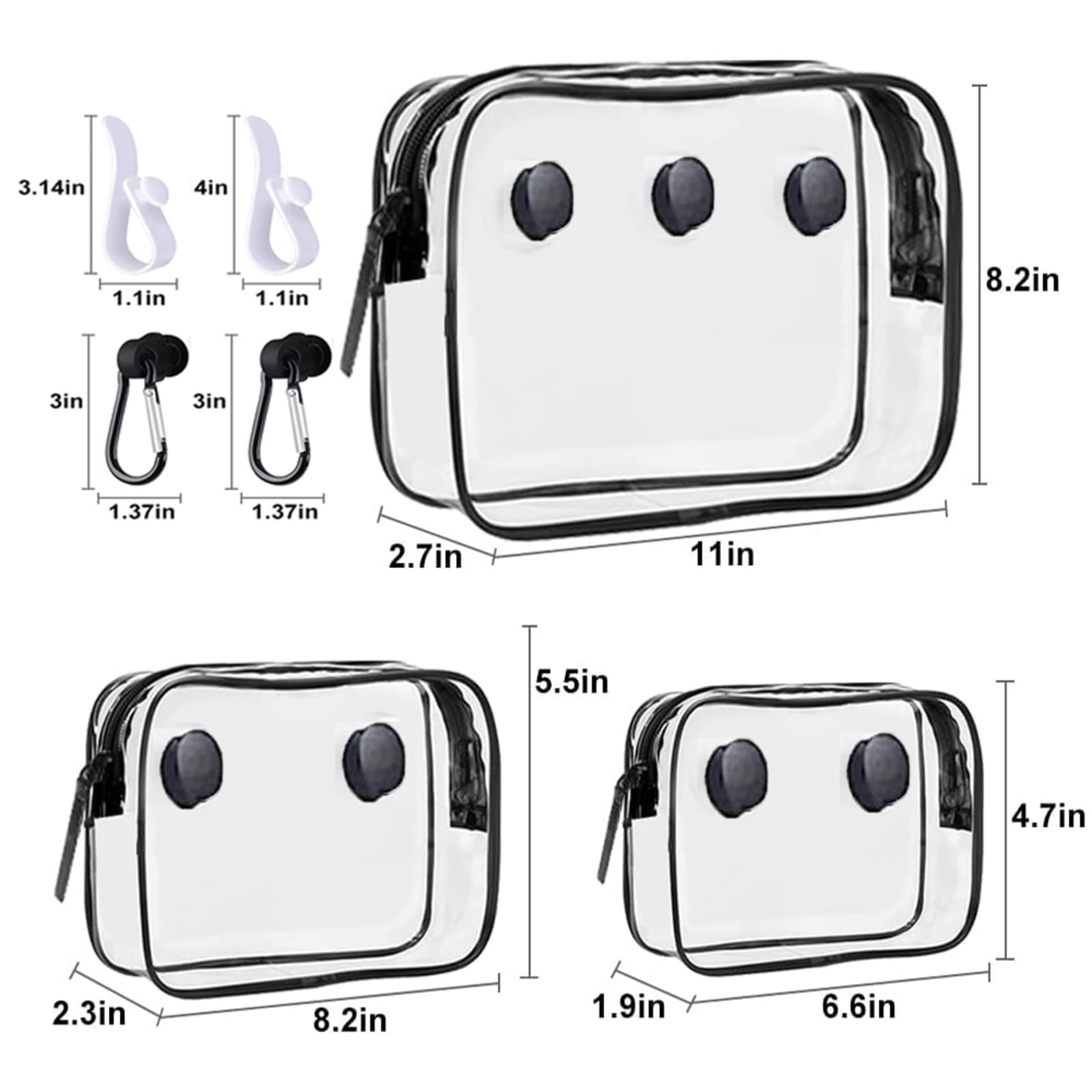 3 Pack Clear Beach Tote with Hooks - Travel & Cosmetic Organizer for Bogg Bags (Black)