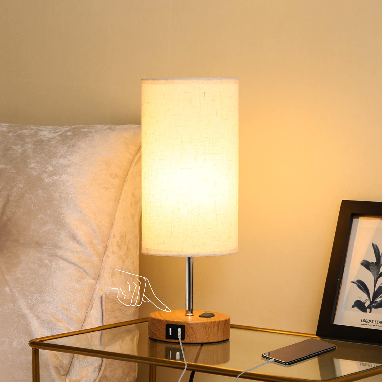 Elycony 3-Way Dimmable Bedside Lamp with Linen Shade - Touch Control Desk Lamp with 2 USB Ports & Outlet, LED Bulb Included - Perfect for Bedroom, Living Room, Office & Reading Nook Lighting