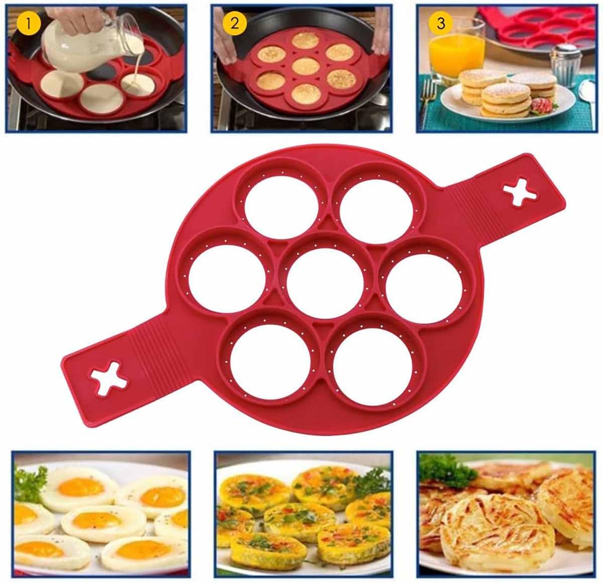 Flip N Cook Silicone Pancake Mold - Non-Stick Round Pancake Maker for Perfect Fluffy Pancakes - Easy to Use & Clean - Ideal for Breakfast, Brunch & Kids Cooking (Red)