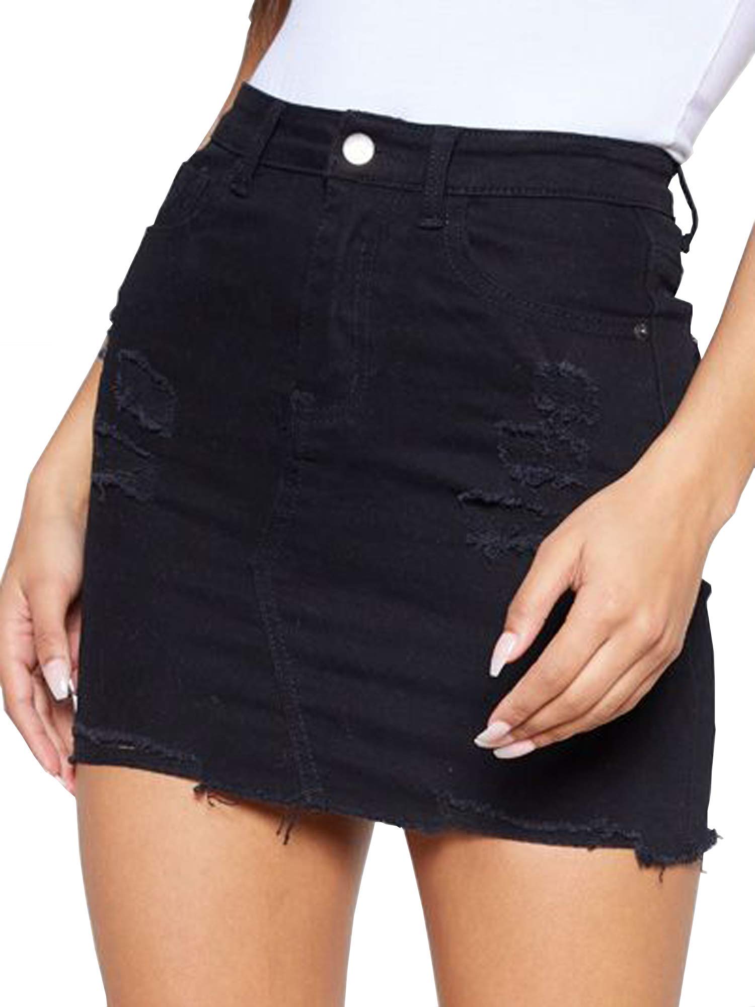 Just Quella Women's Vintage Washed Denim Mini Skirt - Fringed Slim Fit Jean Skirt for Casual Outfits, Street Style & Summer Fashion