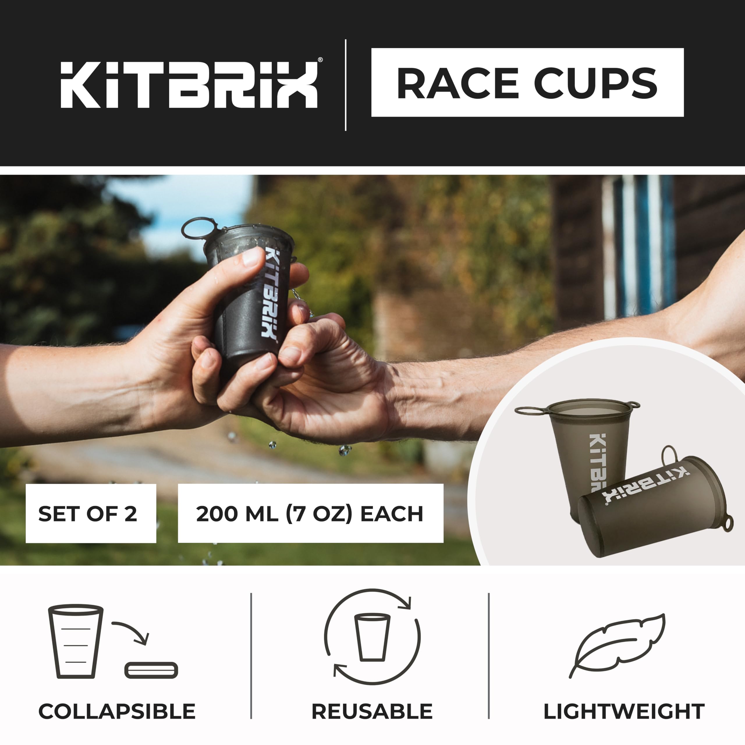 KitBrix Collapsible Race Cups - 2 Pack Lightweight Running Water Bottles (200ml/7oz) - Portable Sports Drinkware for Marathons, Trail Running, Hiking & Camping - Perfect for Hydration During Outdoor Adventures & Fitness Events