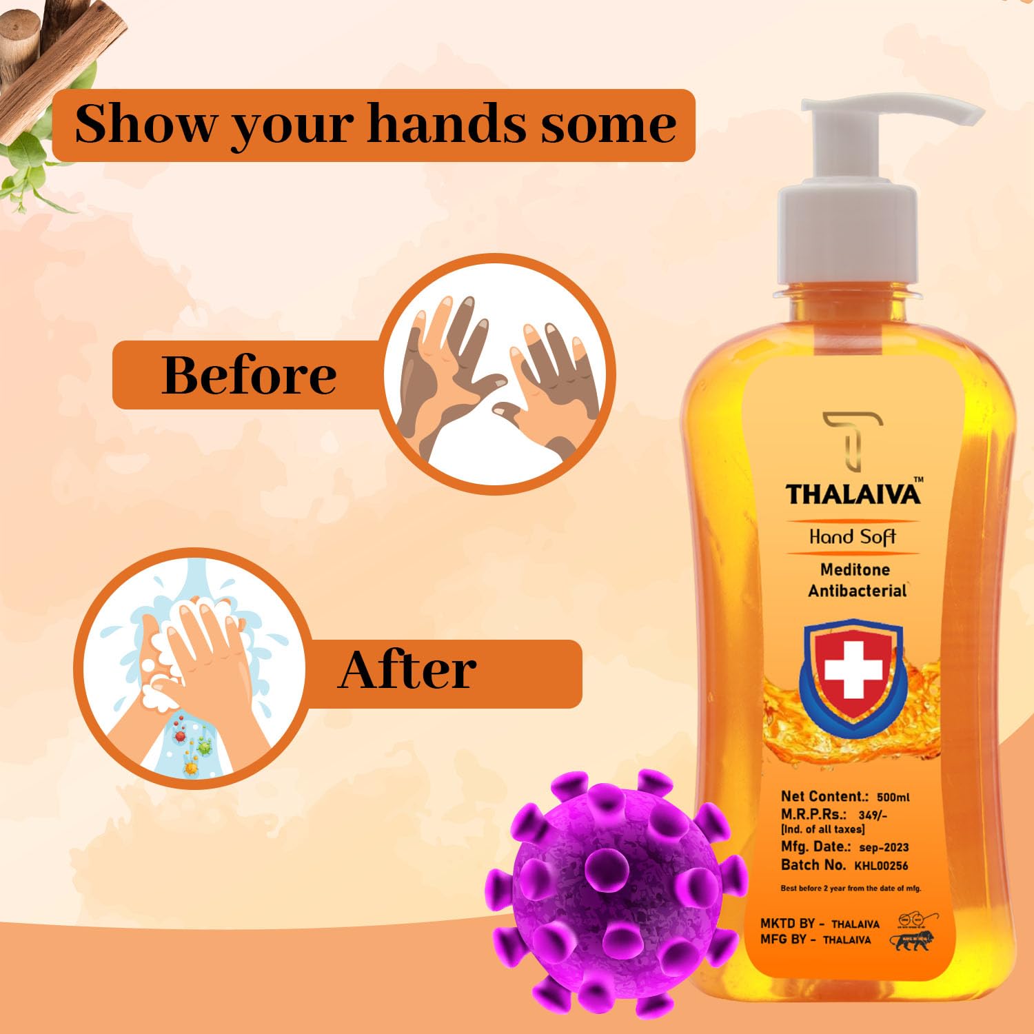 THALAIVA Antibacterial Hand Wash Liquid 500ml | 99.99% Germ Protection | Moisturizing & Refreshing Luxury Hand Soap for Home, Kitchen & Bathroom | Pack of 1 | Gentle on Skin | Ideal for Daily Use & Family Hygiene
