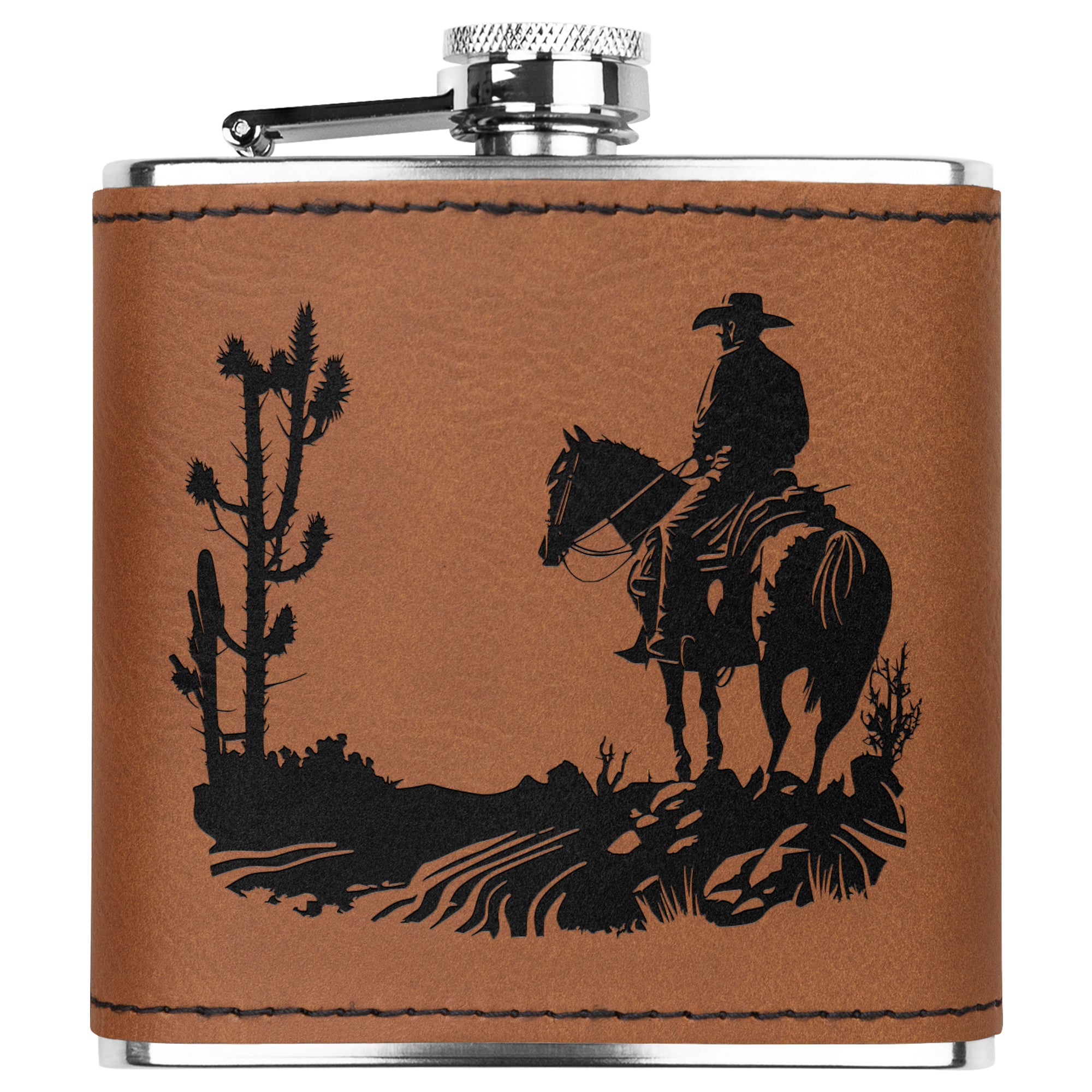 Cowhide Leather Flask with Cactus Design - Stainless Steel Hip Flask for Men - Perfect Gift for Cowboy Enthusiasts - Ideal for Outdoor Adventures, Camping, and Parties