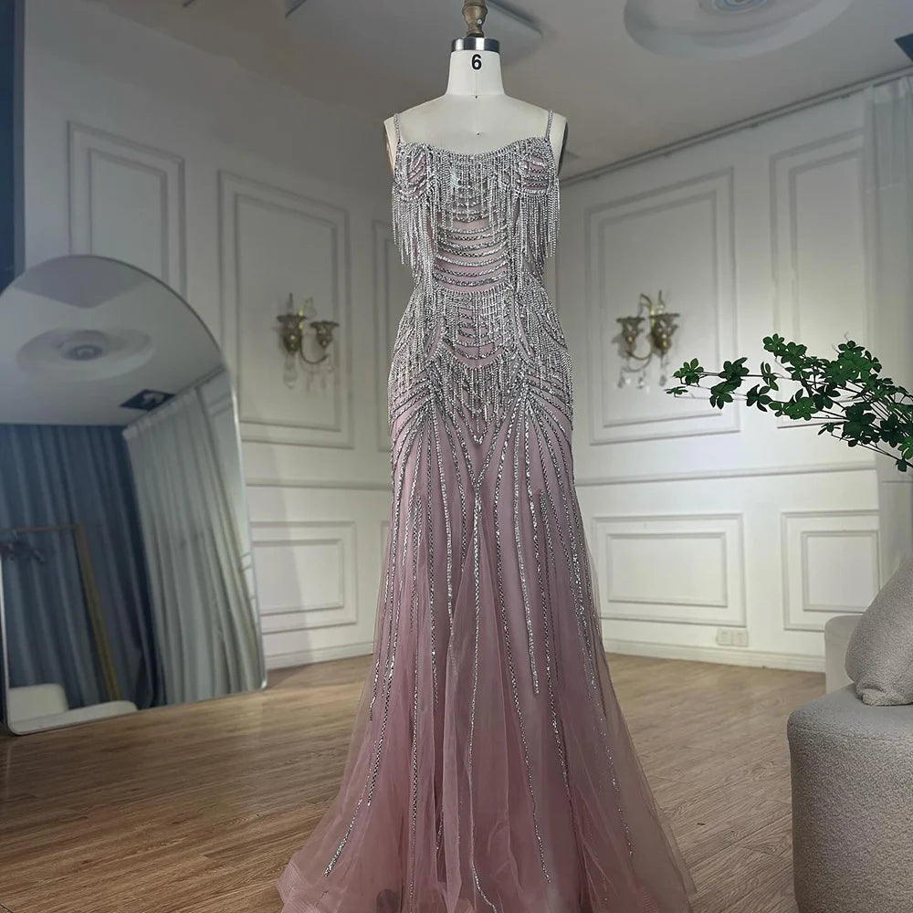 Elegant Silver Nude Spaghetti Strap Mermaid Evening Gown with Beaded Tassels - Dubai Luxury Formal Dress for Prom, Gala & Special Occasions - LA72772
