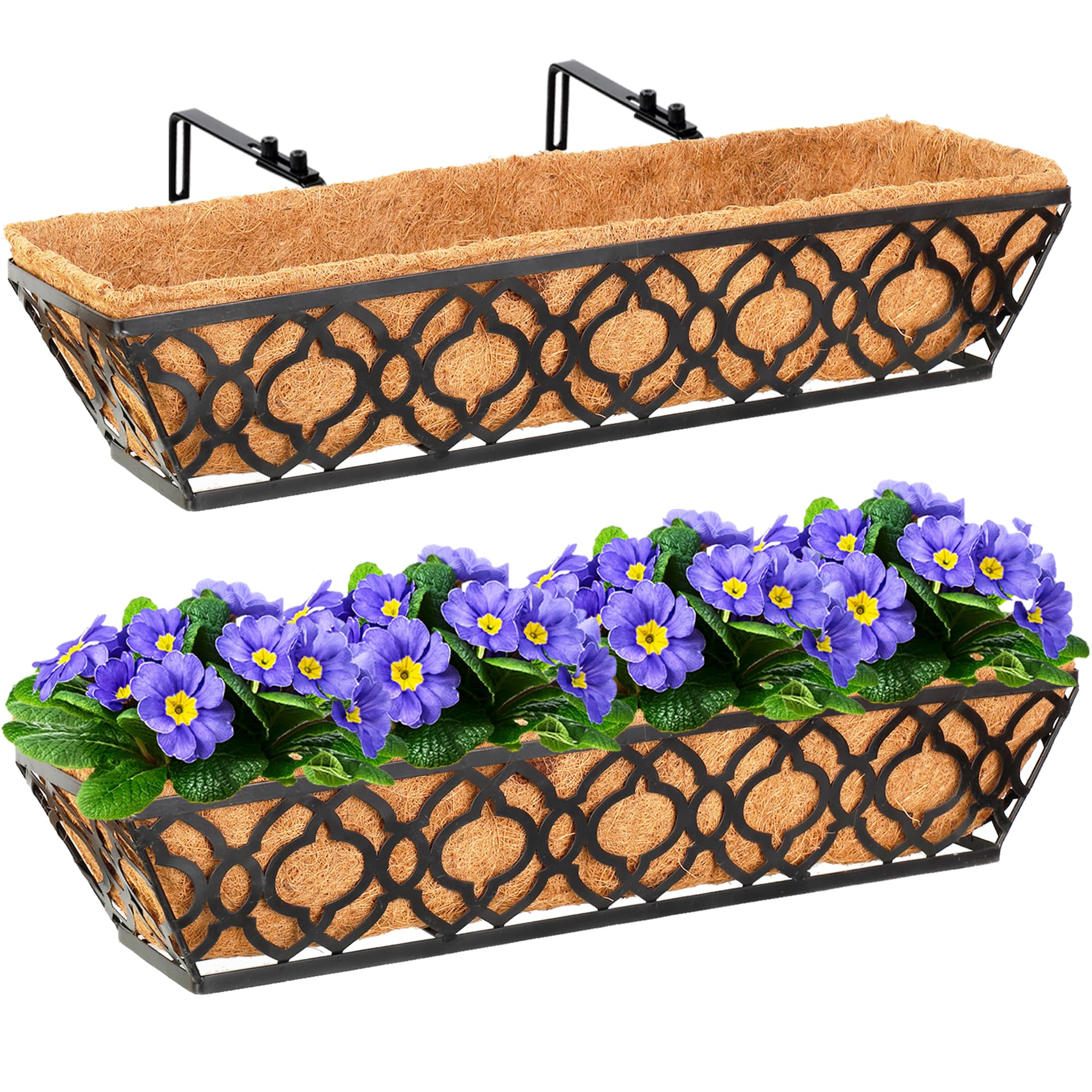 2 Pack 24 Inch Metal Window Box Planter with Coconut Coir Liner - Hanging Flower Basket for Deck, Railing, Indoor & Outdoor Use - Perfect for Herbs, Flowers, and Home Gardening Decor