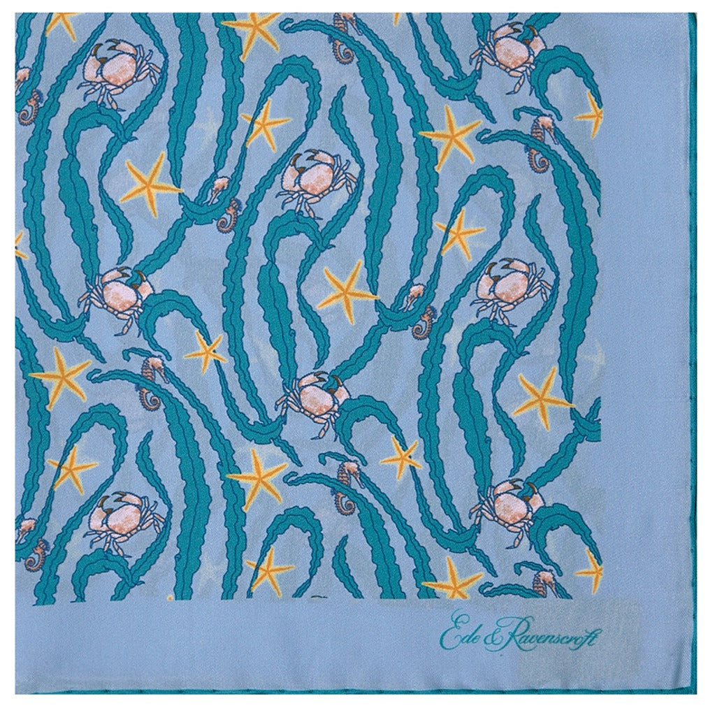 Blue and Green Crab Printed Silk Pocket Square - Elegant Men's Accessory for Weddings, Business & Formal Events
