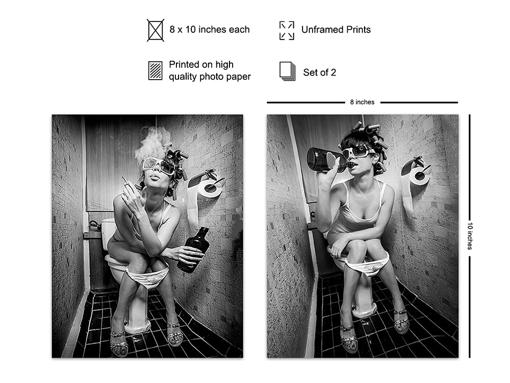 Funny Bathroom Wall Art Decor - Unique 8x10 Woman Smoking & Alcohol Themed Print - Perfect for Powder Room, Guest Bathroom or Bar Wall Decor - Great Conversation Starter for Home & Office Restrooms