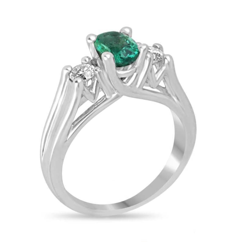 1.50tcw 14K White Gold Oval Emerald & Diamond Three Stone Right Hand Ring for Women - Elegant Jewelry Gift for Anniversary, Birthday & Special Occasions