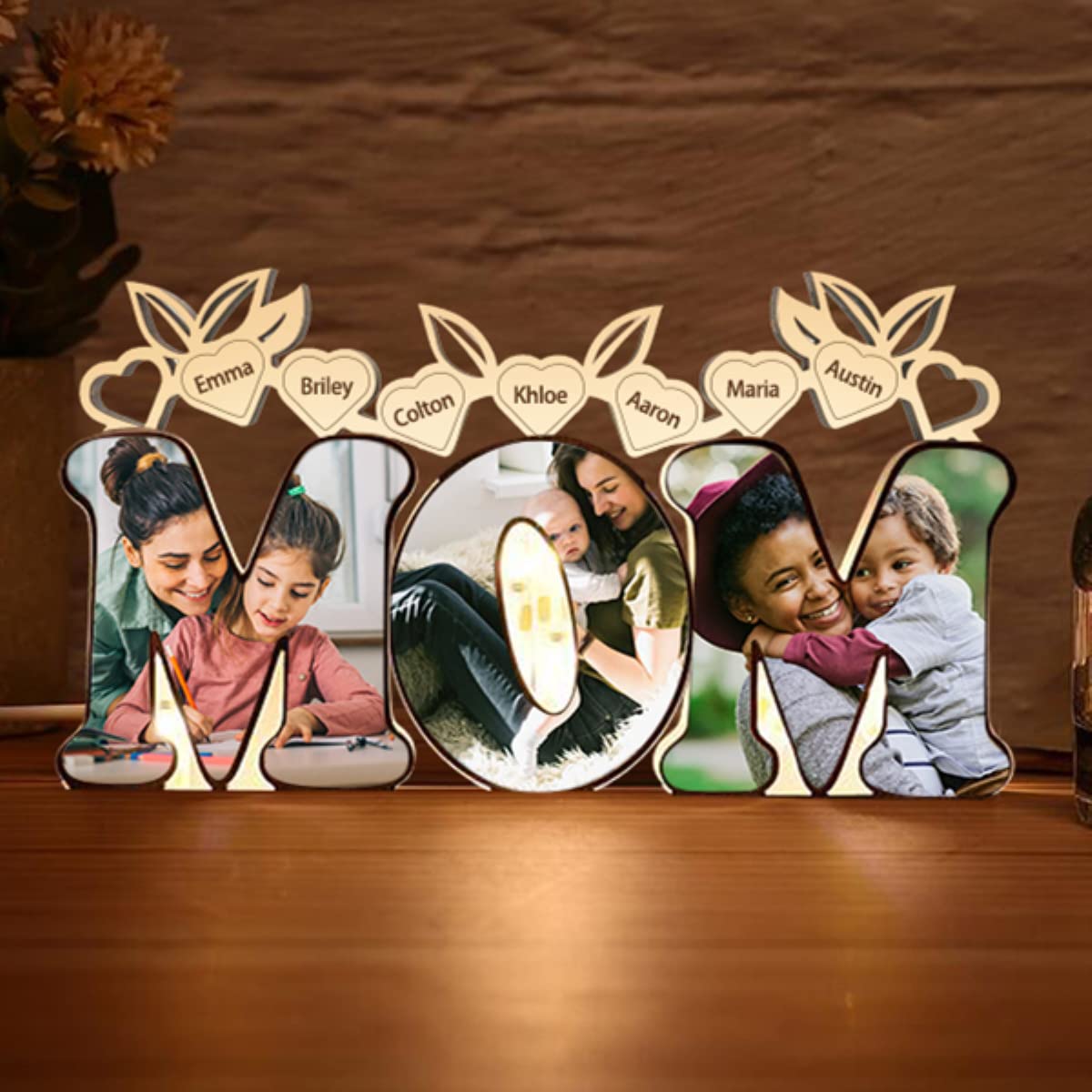 Custom Photo Night Light for Mom - Personalized Acrylic LED Lamp with 1-9 Names, Picture Wall Light for Mother's Day, Birthday Gifts for Women - Bedside Decor, Nursery Nightlight, Living Room Accent Lighting