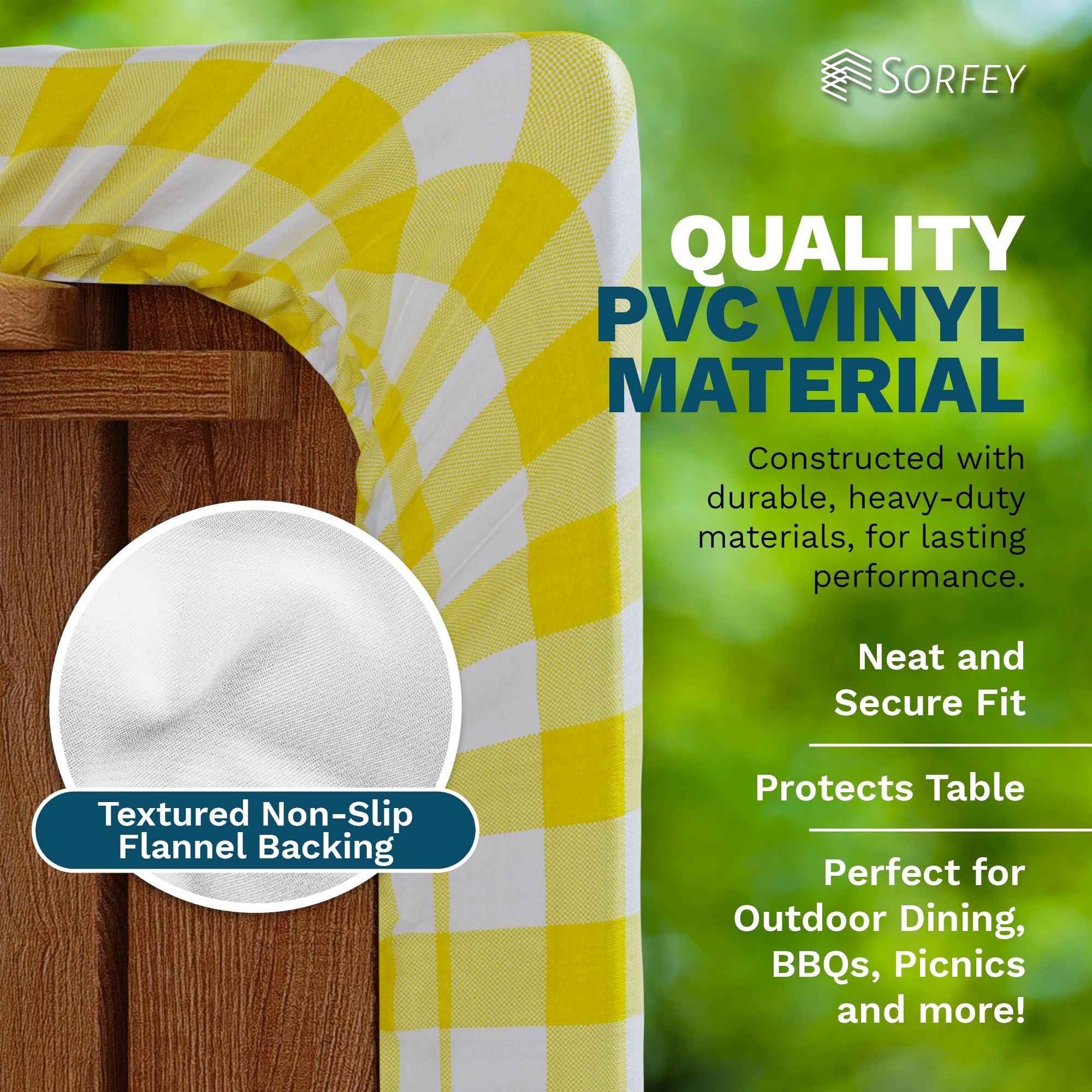 Sorfey Waterproof Picnic Table Cover - Elastic Fitted Vinyl with Flannel Back, Fits 72