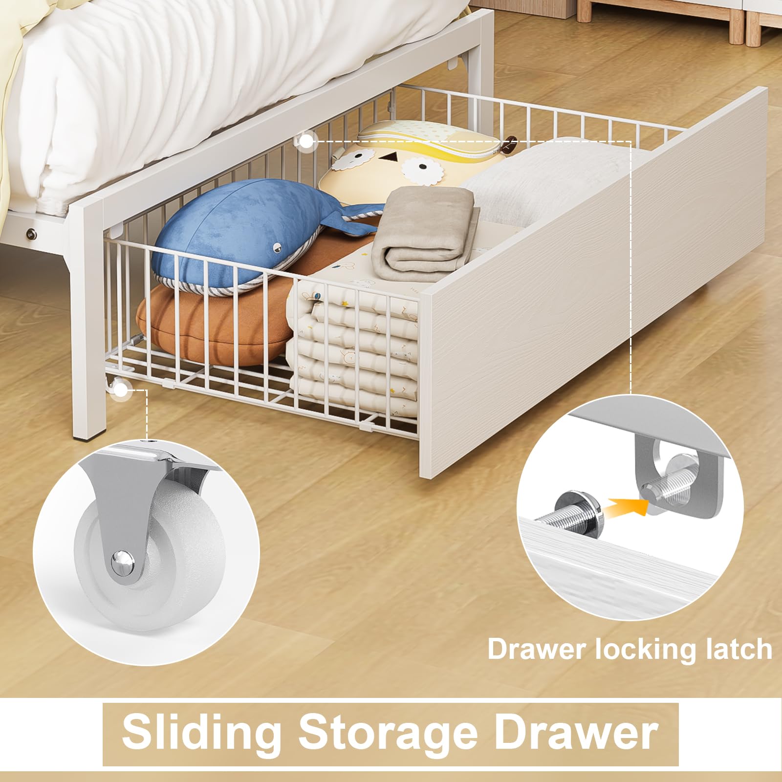 Timy Twin Bed Frame with Drawer & Wooden Headboard - Sturdy Metal Platform Bed for Kids, Boys & Girls - No Box Spring Needed - Quiet & Easy to Assemble - Perfect for Toddler Rooms, Guest Rooms & Small Spaces