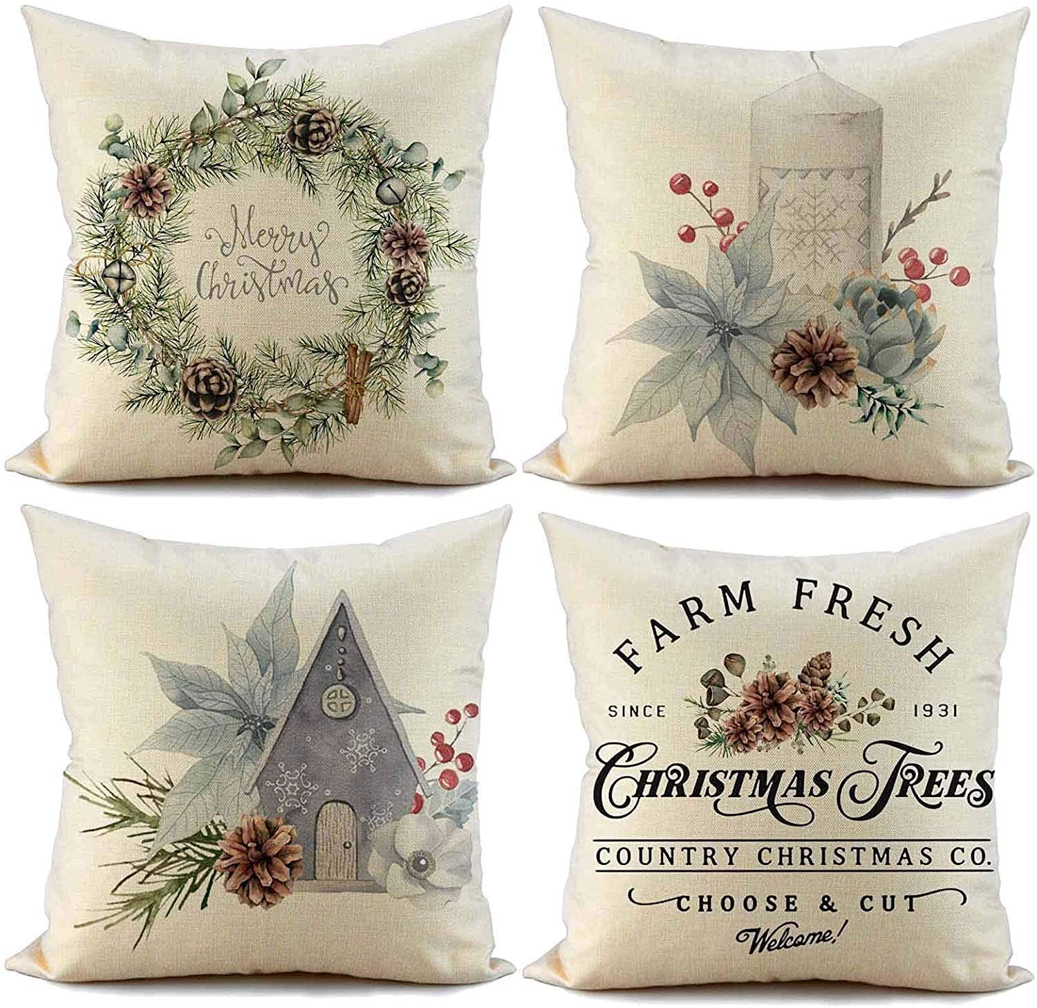 16x16 Inch Christmas Pillow Covers Set of 4 - Farmhouse Holiday Decor with Candy Garland Print - Cozy Winter Throw Pillow Cases for Sofa, Bed & Home Decor (Xmas Decorative Cushion Covers)