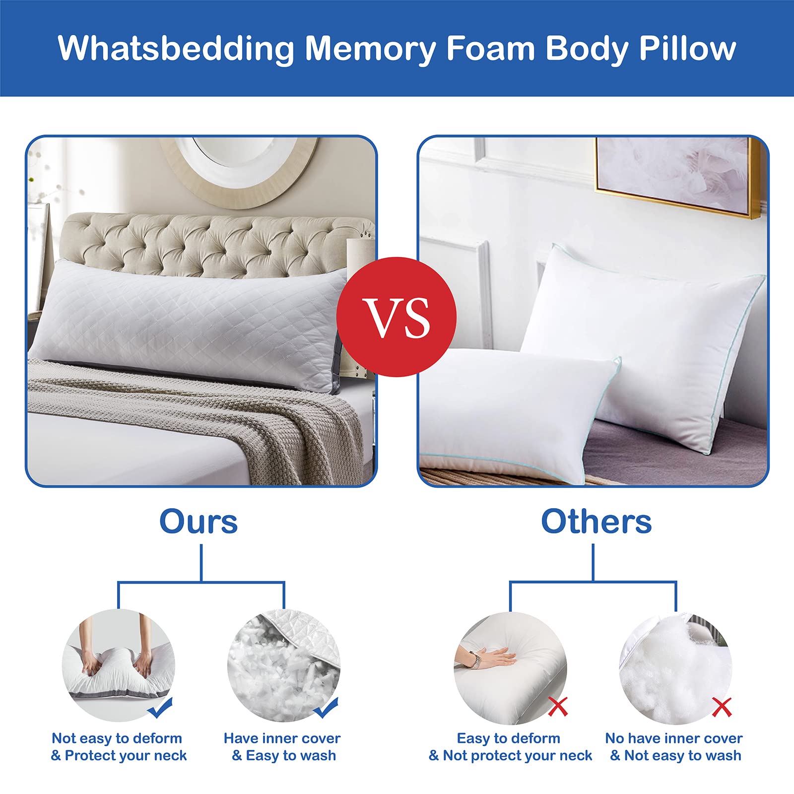 WhatsBedding Memory Foam Body Pillow for Adults - Fluffy Long Bed Pillow 20x54 Inches - White - Perfect for Side Sleepers, Pregnancy Support & Lounging Comfort