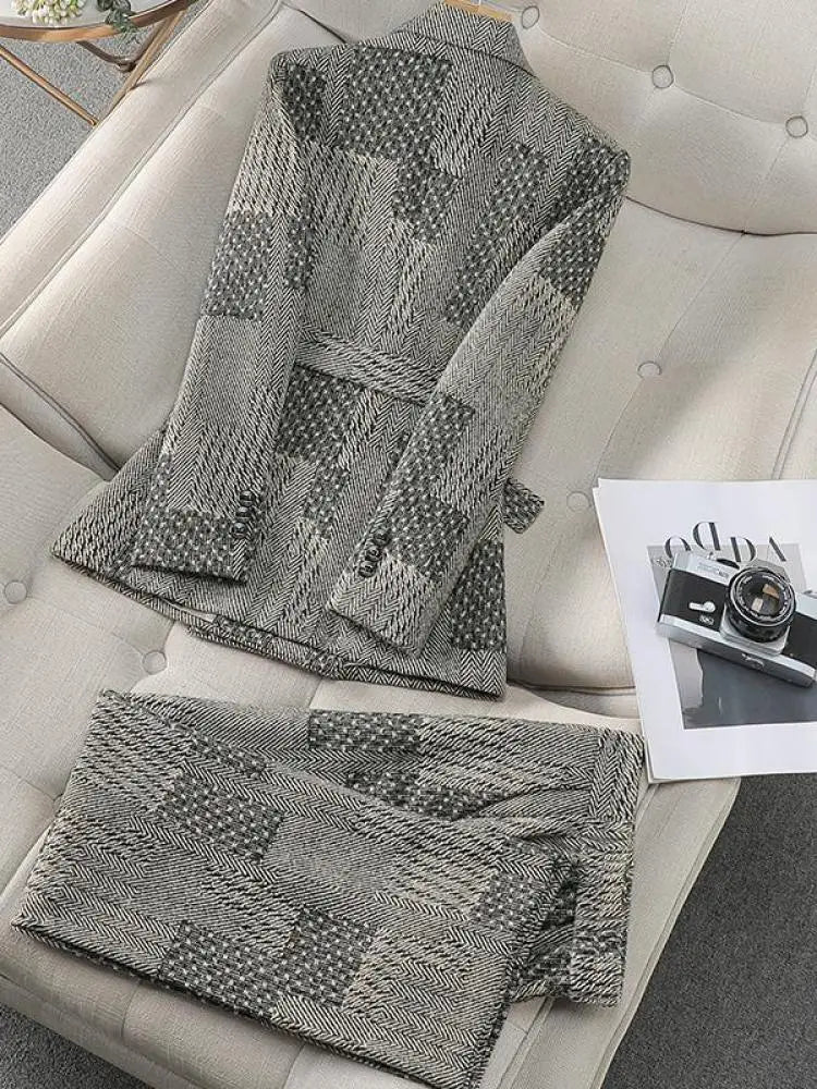 2024 Vintage Gray Patchwork Women's Elegant Button Long Sleeve Blazer & High Waist Pants Two-Piece Set - Autumn Winter Fashion Outfit for Office, Party & Casual Wear