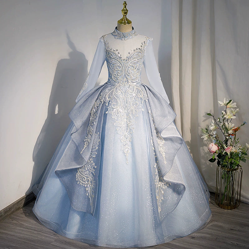 Elegant Dusty Blue Princess Mock Neck Floor-Length Tulle Flower Girl Dress for Weddings & Special Occasions