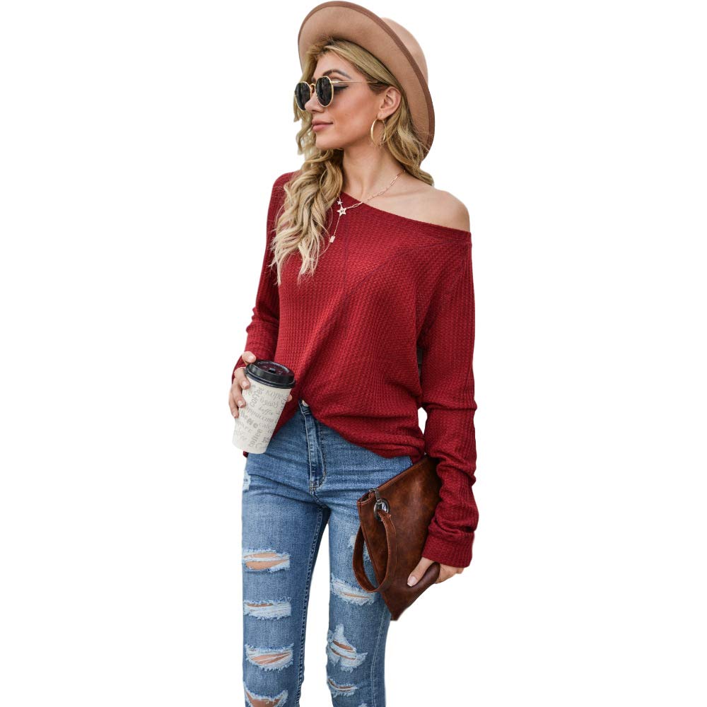 Anna-Kaci Waffle Knit Off Shoulder Sweater - Women's Crew Neck Pullover Long Sleeve Jumper Top for Fall & Winter | Casual Outfit, Date Night, Office Wear