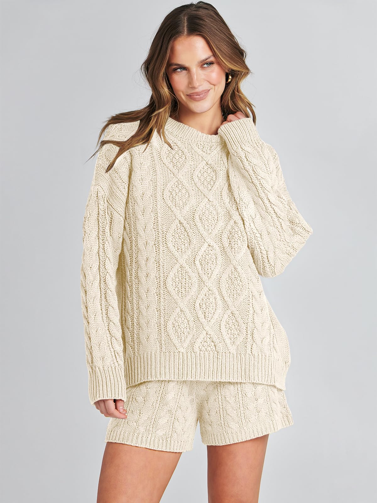 ANRABESS Women's 2-Piece Cable Knit Sweater Lounge Set - Oversized Fall Sweater & Shorts Matching Outfit | Cozy Loungewear for Home, Casual Wear & Autumn Fashion
