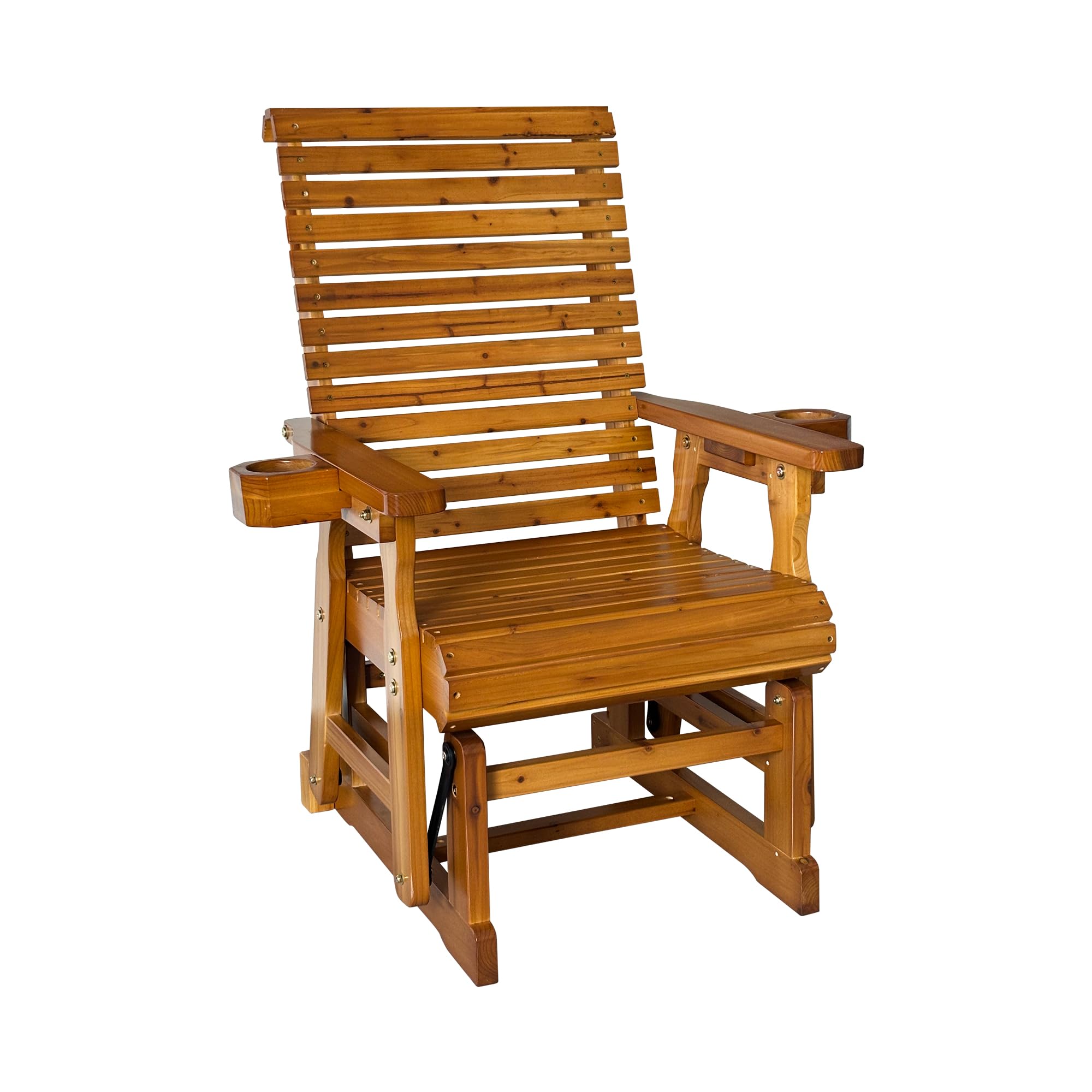 Fortune Candy Wooden Patio Glider - Single Person Outdoor Swing Chair with High Backrest & Deep Contoured Seat, Solid Fir Wood Construction, 600 LB Weight Capacity (Cedar Tone, Bridge Back) - Perfect for Porch, Garden, Deck Relaxation