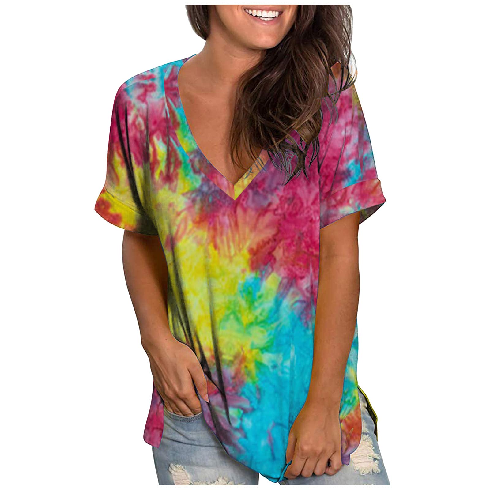 Women's Summer V-Neck T-Shirt with Rolled Sleeves & Side Split - Casual Tunic Top for Women | Perfect for Beach Outings, Weekend Wear & Summer Vacations