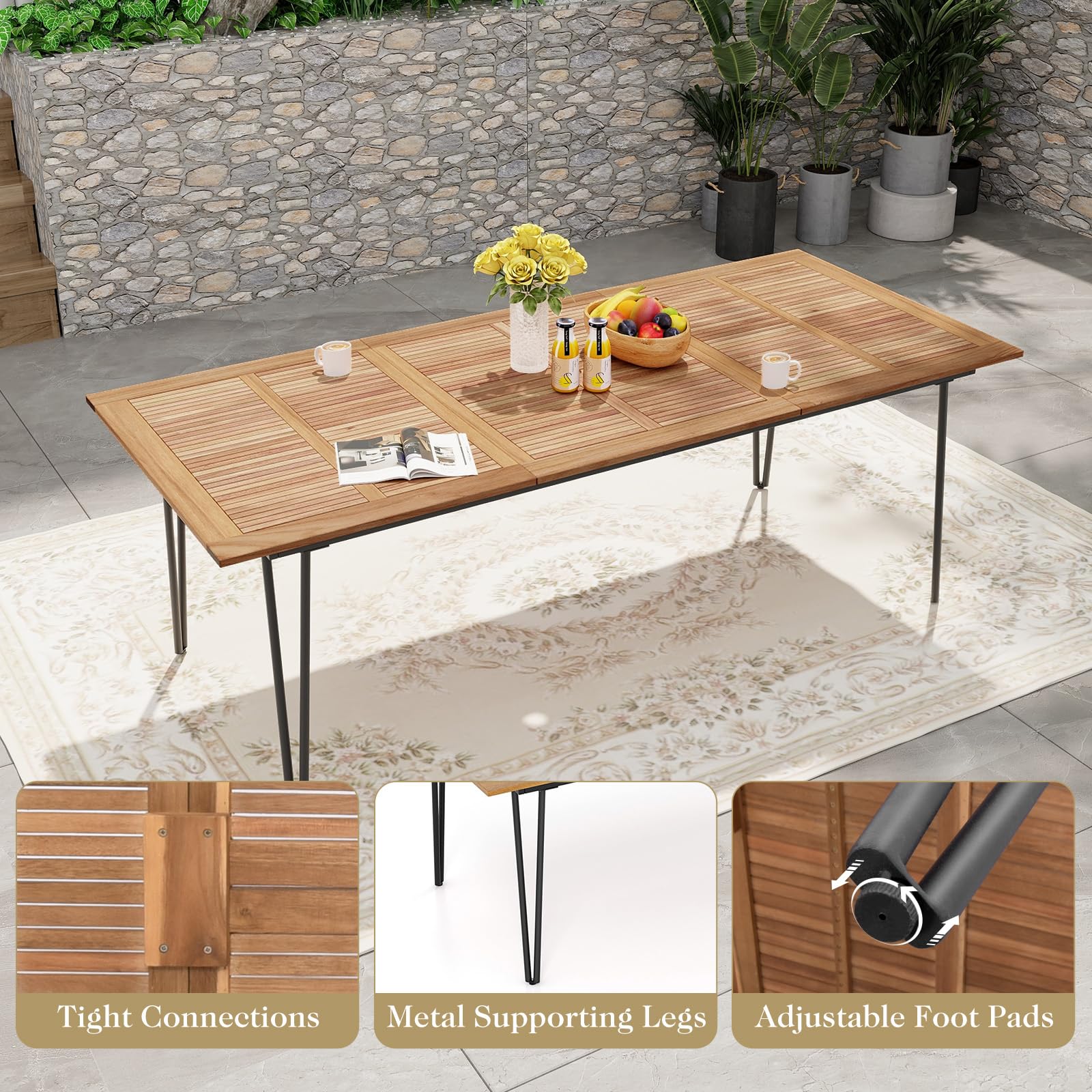 Tangkula 86.5-Inch Outdoor Dining Table with Acacia Wood Tabletop & Metal Legs - Rectangular Patio Table with Umbrella Hole for Garden, Deck, Backyard - Seats 8 People (86.5