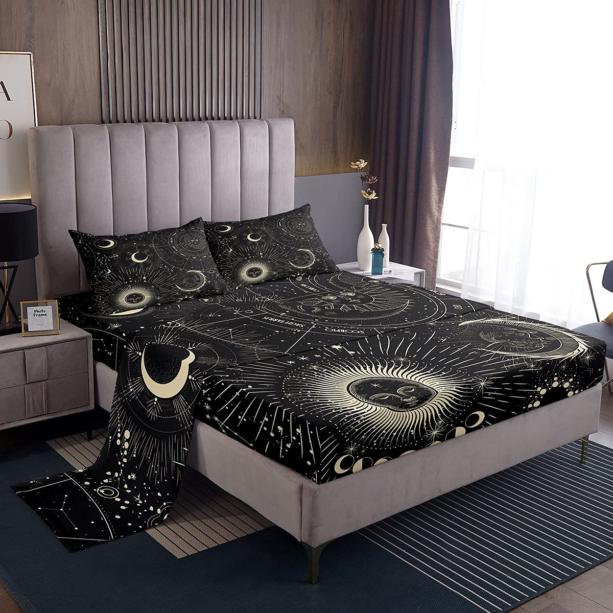 Bohemian Sun Moon Galaxy Queen Sheet Set - Starry Sky Constellation Fitted & Flat Sheets - Deep Pocket Cartoon Design in Golden Black - Exotic Style Bedroom Decor for Teens & Adults - Perfect for Boho Chic, Dorm Room or Guest Bedroom Decorations