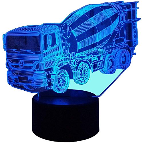 3D Truck Mixer Night Light - 7 Color Changing LED Touch Lamp, USB Powered Illusion Lamp for Kids Room Decor, Christmas & Valentines Day Gifts - Perfect for Bedtime, Nursery, Party Decorations and Special Occasions