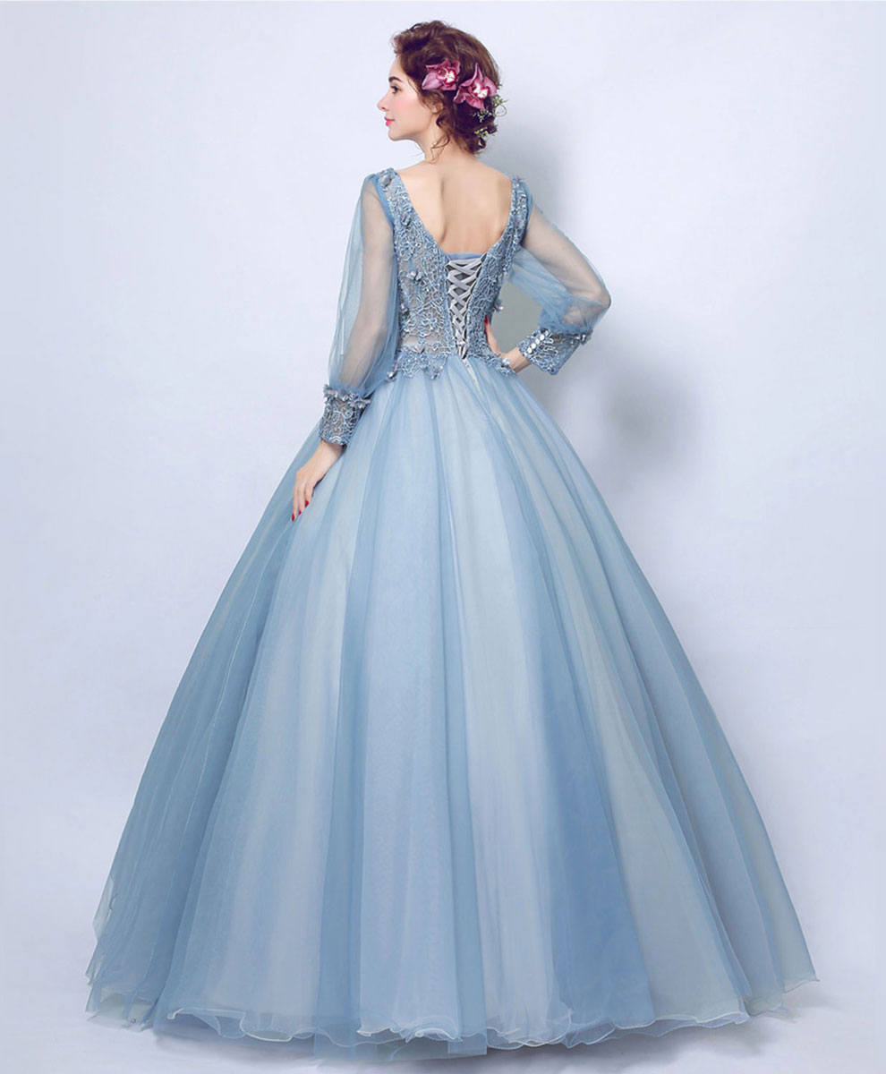 Elegant Blue V-Neck Tulle Lace Long Prom Dress | Formal Evening Gown for Homecoming, Wedding, and Special Occasions