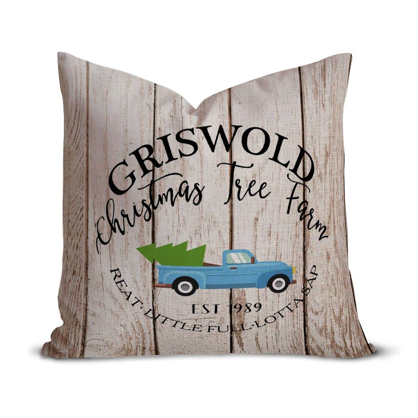 18x18 Inch Cotton Linen Throw Pillow Cover - Griswold Christmas Tree Farm Design, Farmhouse Holiday Decor for Bed, Sofa & Car | Cozy Seasonal Home Accent