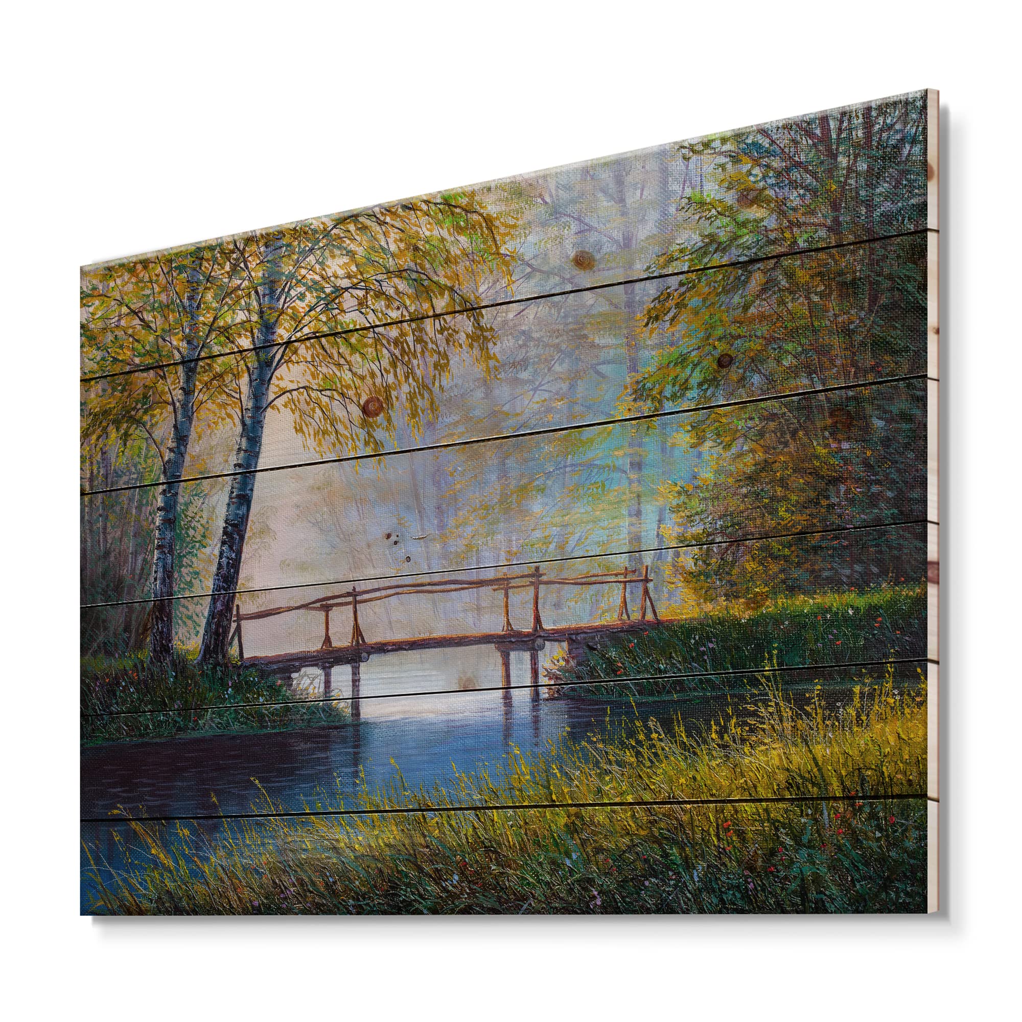 Morning Sunlight & Spring Forest Lake House Wood Wall Decor - Large Green Landscape Pine Wood Art Panel - Perfect for Living Room, Bedroom & Office Decor