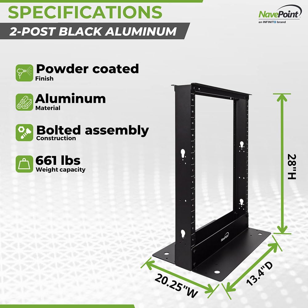NavePoint 13U 2-Post Open Frame Server Rack - 19 Inch Equipment Rack for AV, Networking, Data & IT Devices - 661lbs Weight Capacity - Black - Perfect for Data Centers, Server Rooms & Office IT Installations