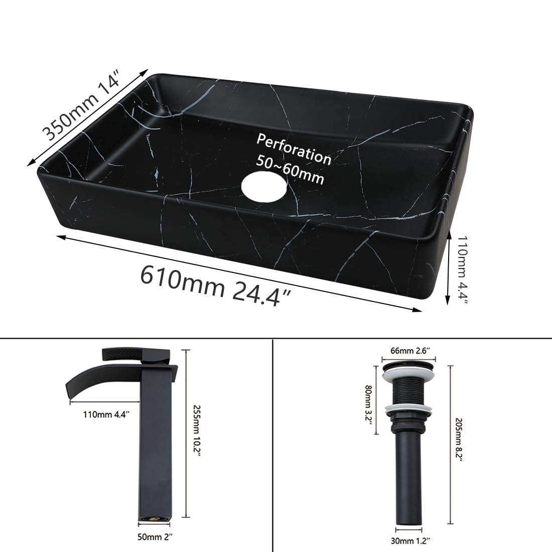 24 Inch Black Ceramic Vessel Sink with Faucet and Drain Combo - Rectangle Marble Bathroom Sink, Above Counter Porcelain Lavatory Bowl for Modern Bathroom Vanities and Powder Rooms