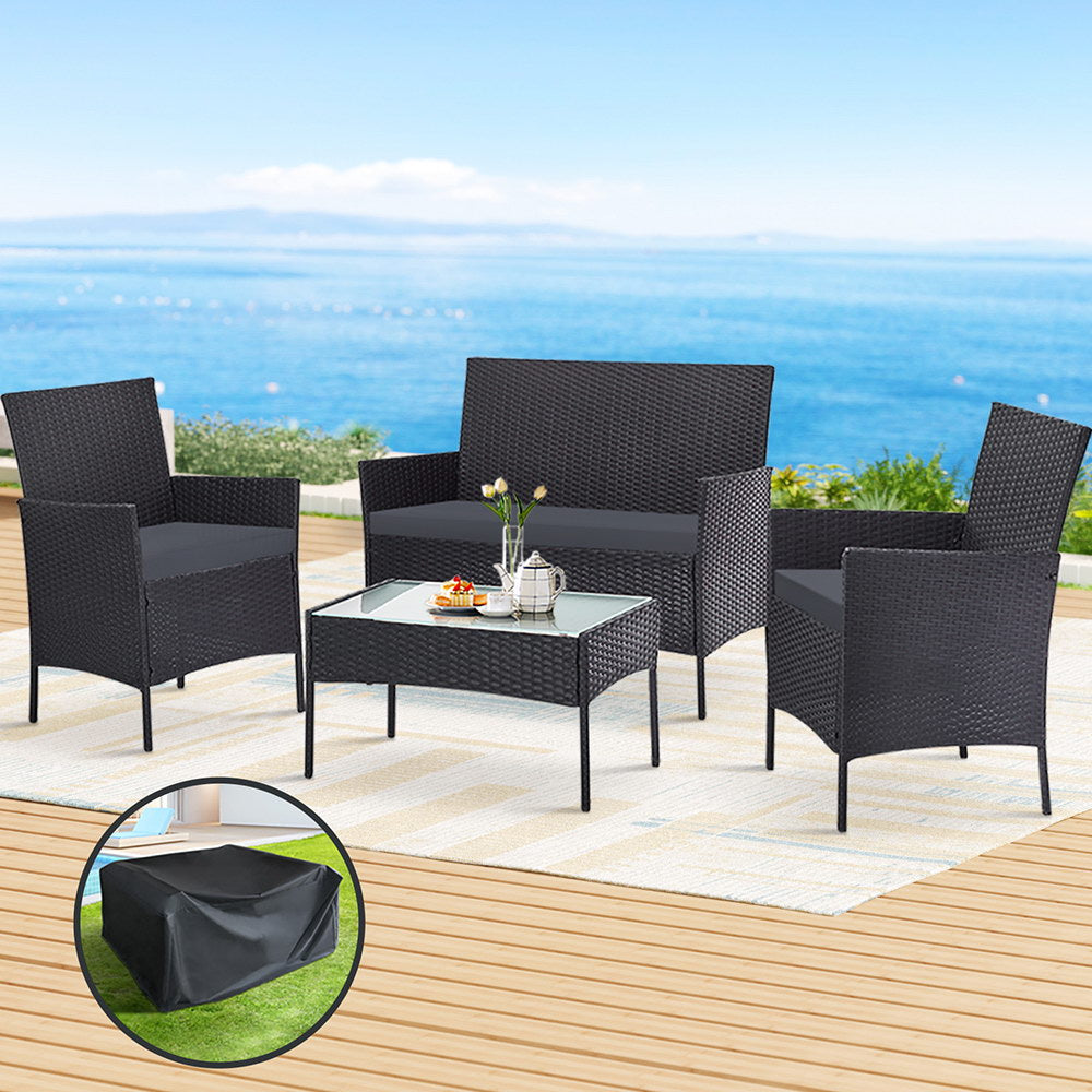4-Seater Outdoor Patio Sofa Set with Storage Cover, Wicker Table & Chairs - Dark Grey - Perfect for Backyard, Garden, Poolside & Balcony Relaxation