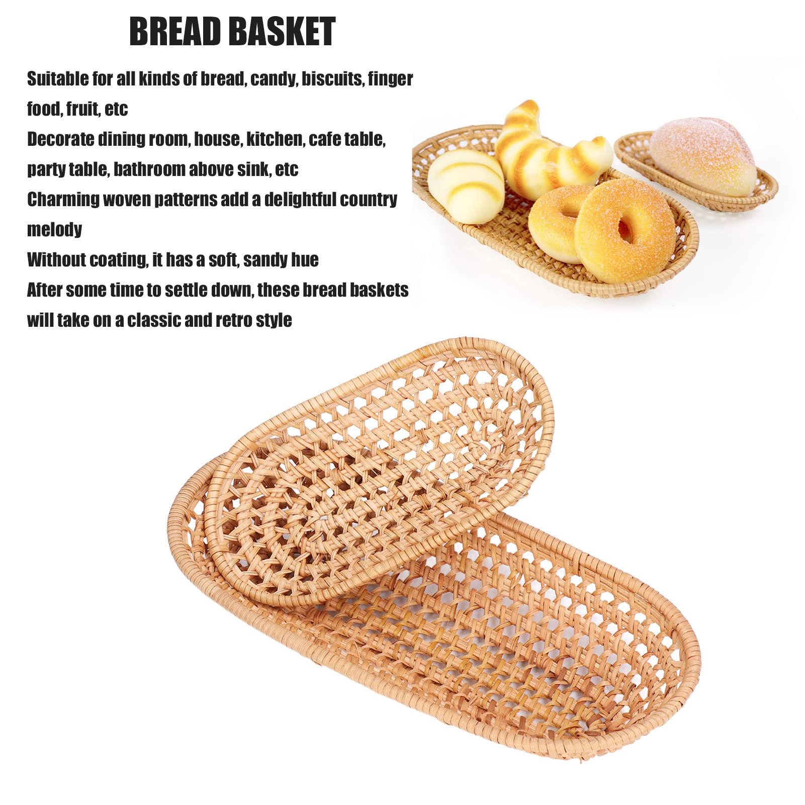 2-Piece Handmade Rattan Bread Baskets - Natural Woven Storage Baskets for Bread, Candy, Biscuits, Finger Food & Fruit - Perfect for Kitchen, Dining Table, Picnics & Party Serving