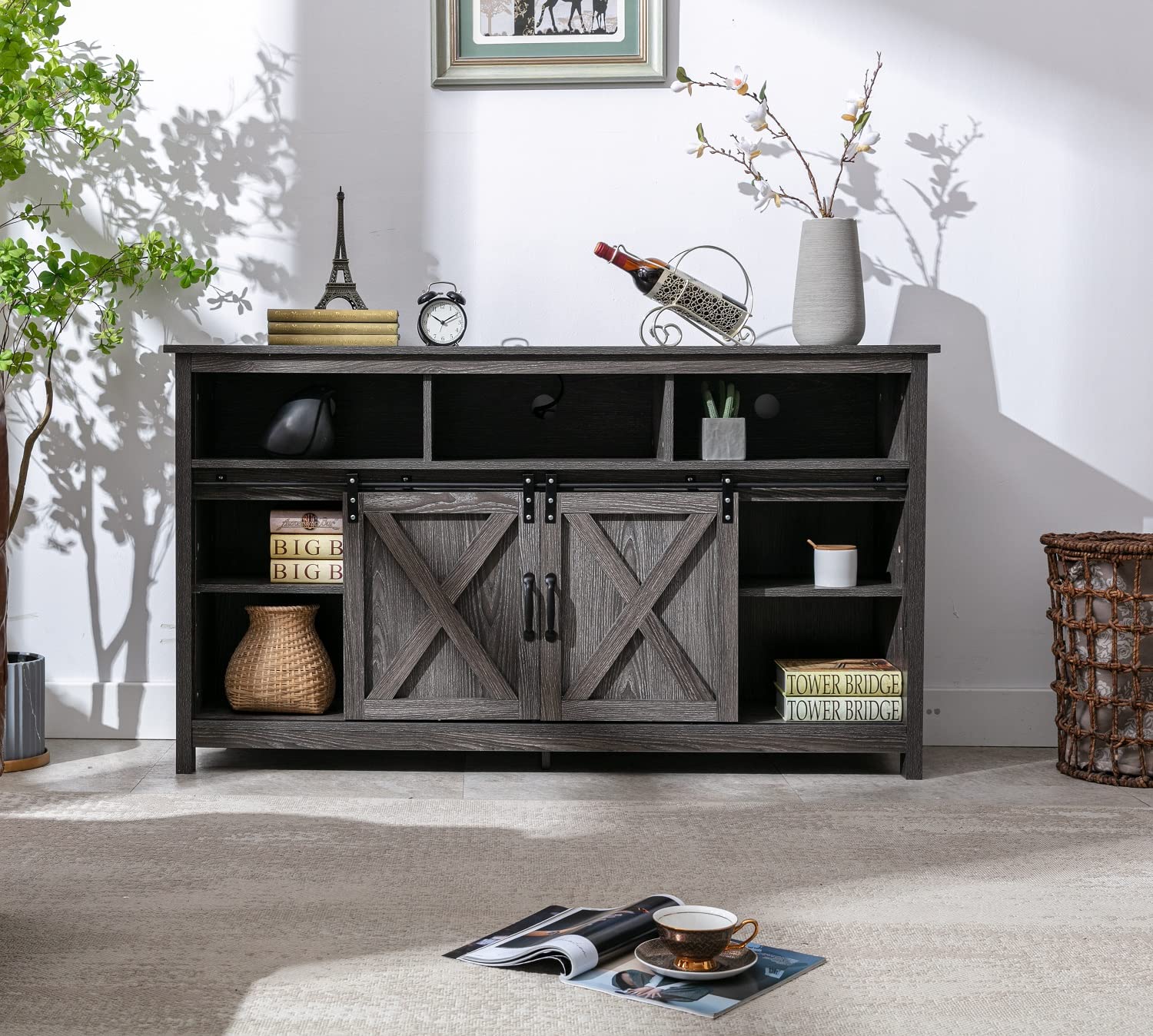 Rustic Farmhouse Coffee Bar Cabinet with Sliding Barn Door - Buffet Server Sideboard with Power Outlet for Dining Room, Kitchen & Entryway - Wash Grey Finish | Perfect for Home Decor, Coffee Station & Storage Solution