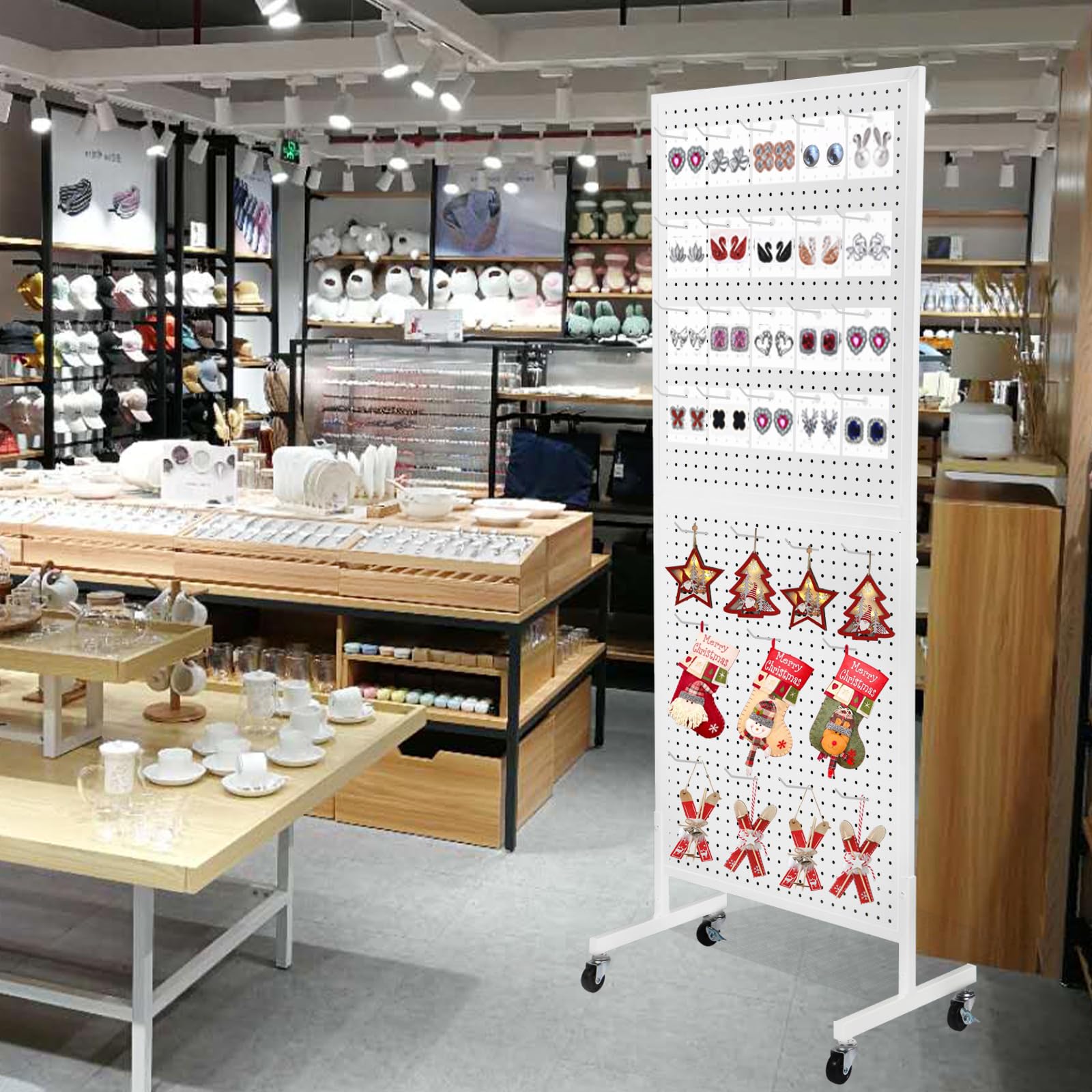 2'x5' Metal Pegboard Display Stand with 30 Hooks & Wheels - White | Wall Mount or Freestanding Retail Display Rack for Store Organization, Workshop Tools & Home Garage Storage