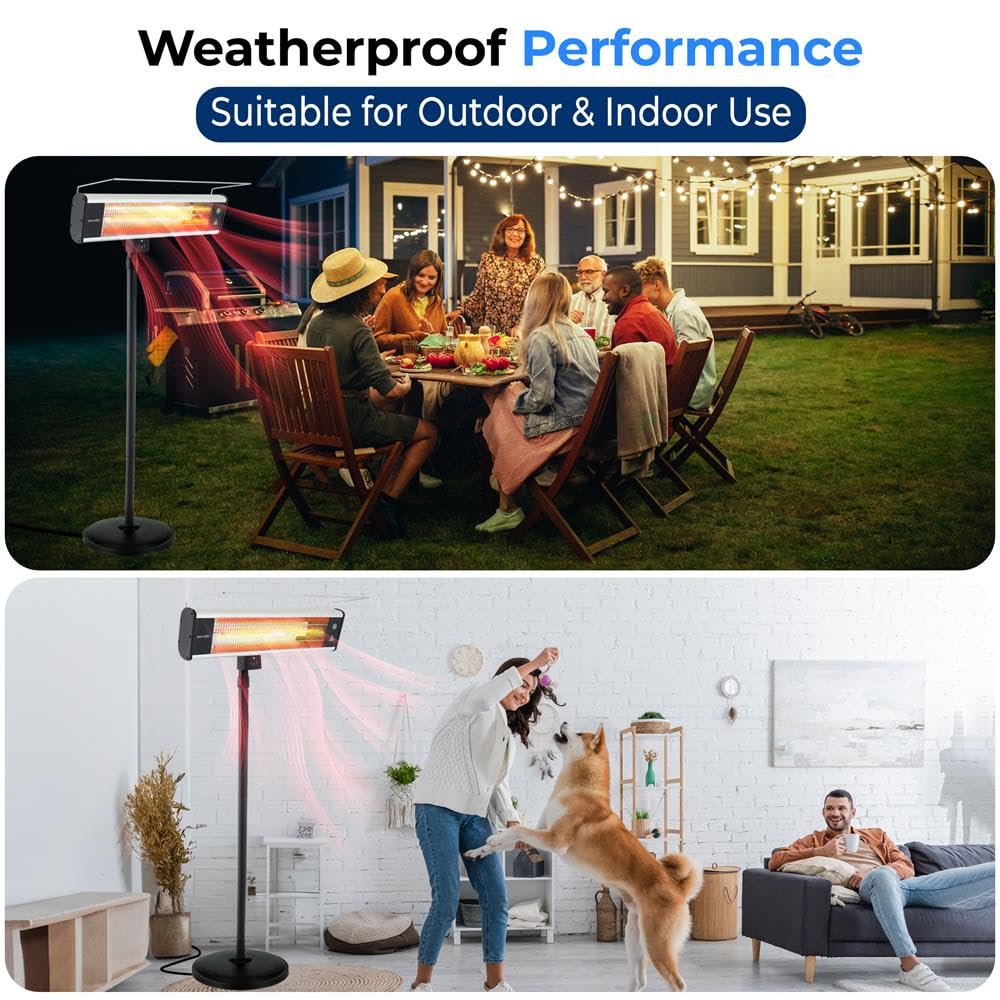 SereneLife 1500W Infrared Patio Heater with Remote Control - Indoor Outdoor Electric Heater, Portable Standing Heater with 360° Tip-Over Safety & IP65 Rating - Perfect for Restaurants, Patios, Backyards, Garages, Decks, and Outdoor Gatherings