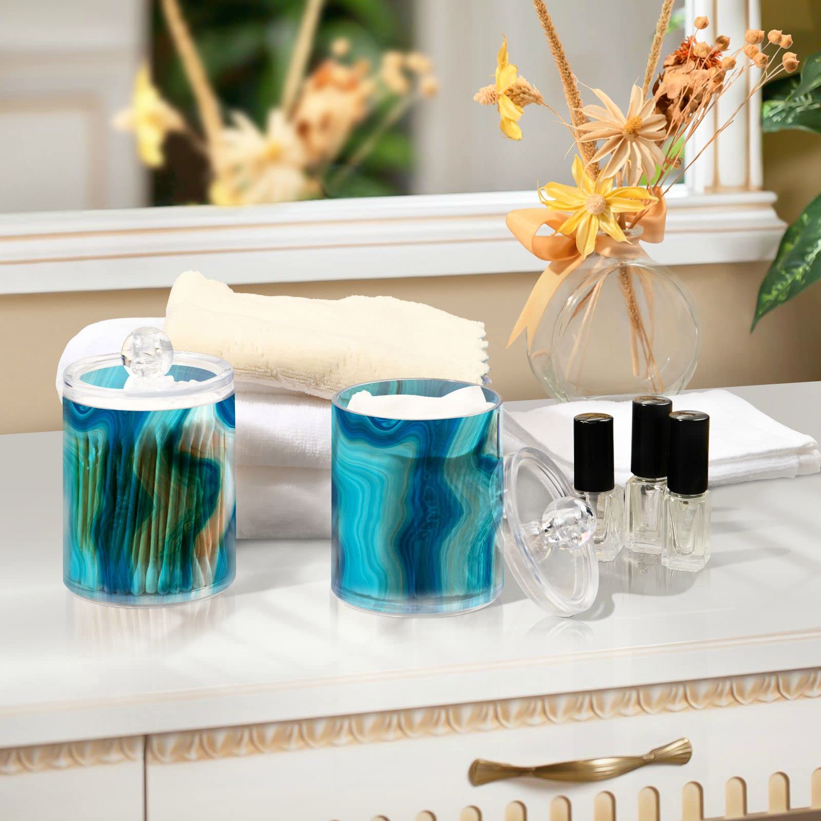 4 Pack Blue Marble Q-Tip Holder Organizer & Dispenser - Bathroom Vanity Storage Canisters for Cotton Swabs, Pads, Floss | Apothecary Jars for Countertop, Medicine Cabinet & Makeup Station Organization