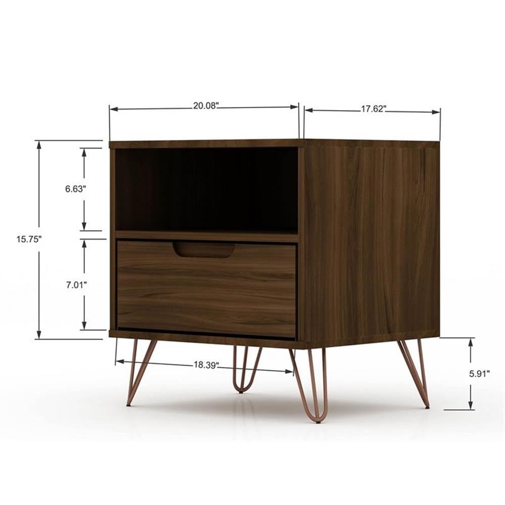 Mid Century Modern Nightstands Set of 2 - Manhattan Comfort Rockefeller Bedside Tables with Drawer & Cubby Storage, Brown Wood Bedroom Furniture for Master Bedroom, Guest Room or Living Room - Perfect for Storing Books, Lamps & Bedside Essentials
