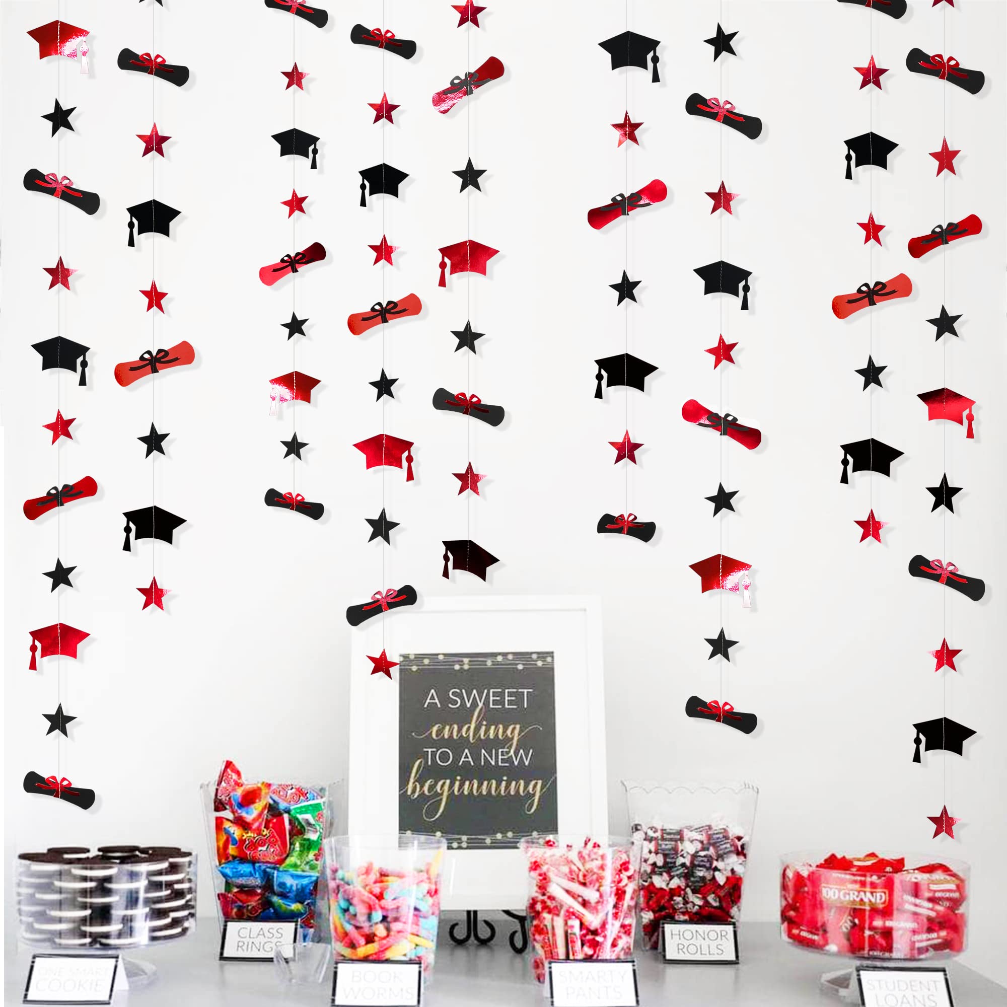 Pinkblume Red & Black Graduation Cap & Diploma Star Garland Banner - 4 Sets (13ft Each, 52ft Total) for Graduation Party Decorations | Perfect for High School, College Commencement Ceremonies & Graduation Photo Backdrops