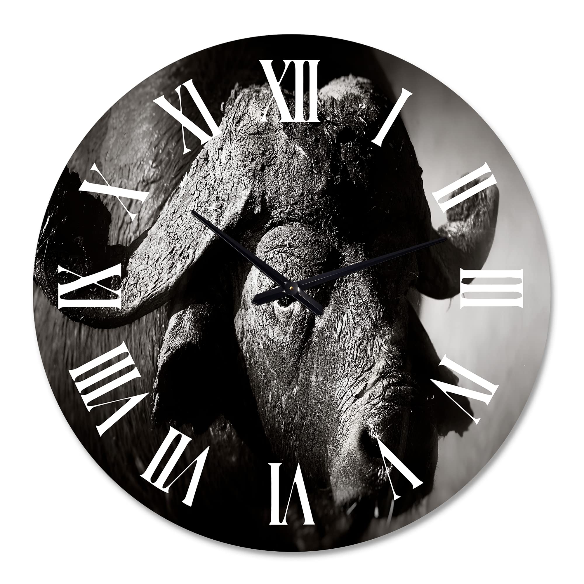 Farmhouse Wall Clock - Monochrome Buffalo Portrait II - Large Animal Wall Art for Office & Home Decor | Perfect for Living Room, Bedroom, or Workspace