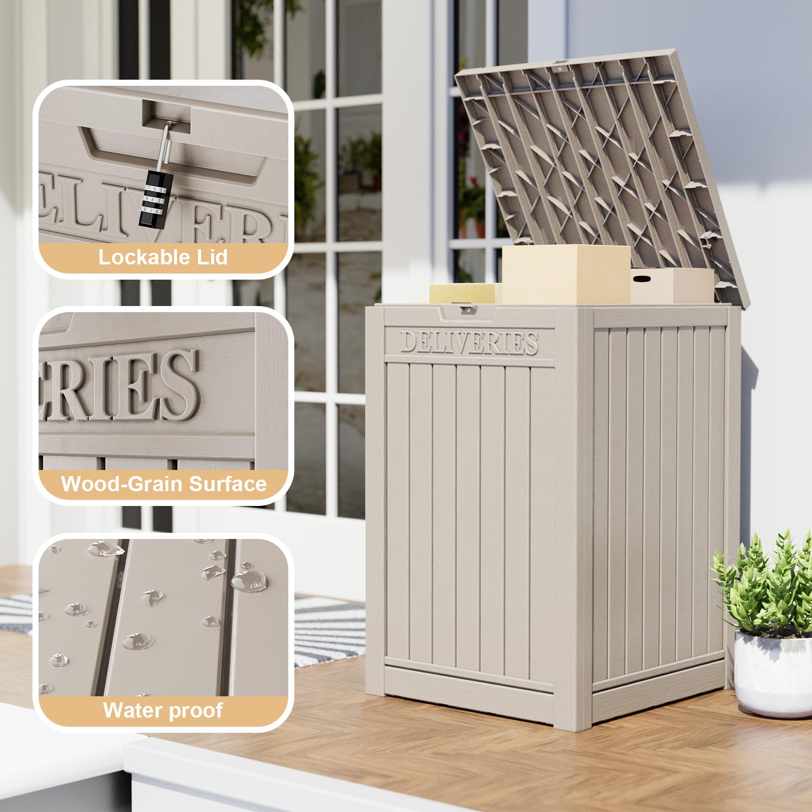 Lockable Outdoor Storage Box - Large Double-Wall Resin Package Delivery Box, Waterproof Deck Box for Porch & Patio - Secure Mail & Package Storage for Home, Garden & Front Yard