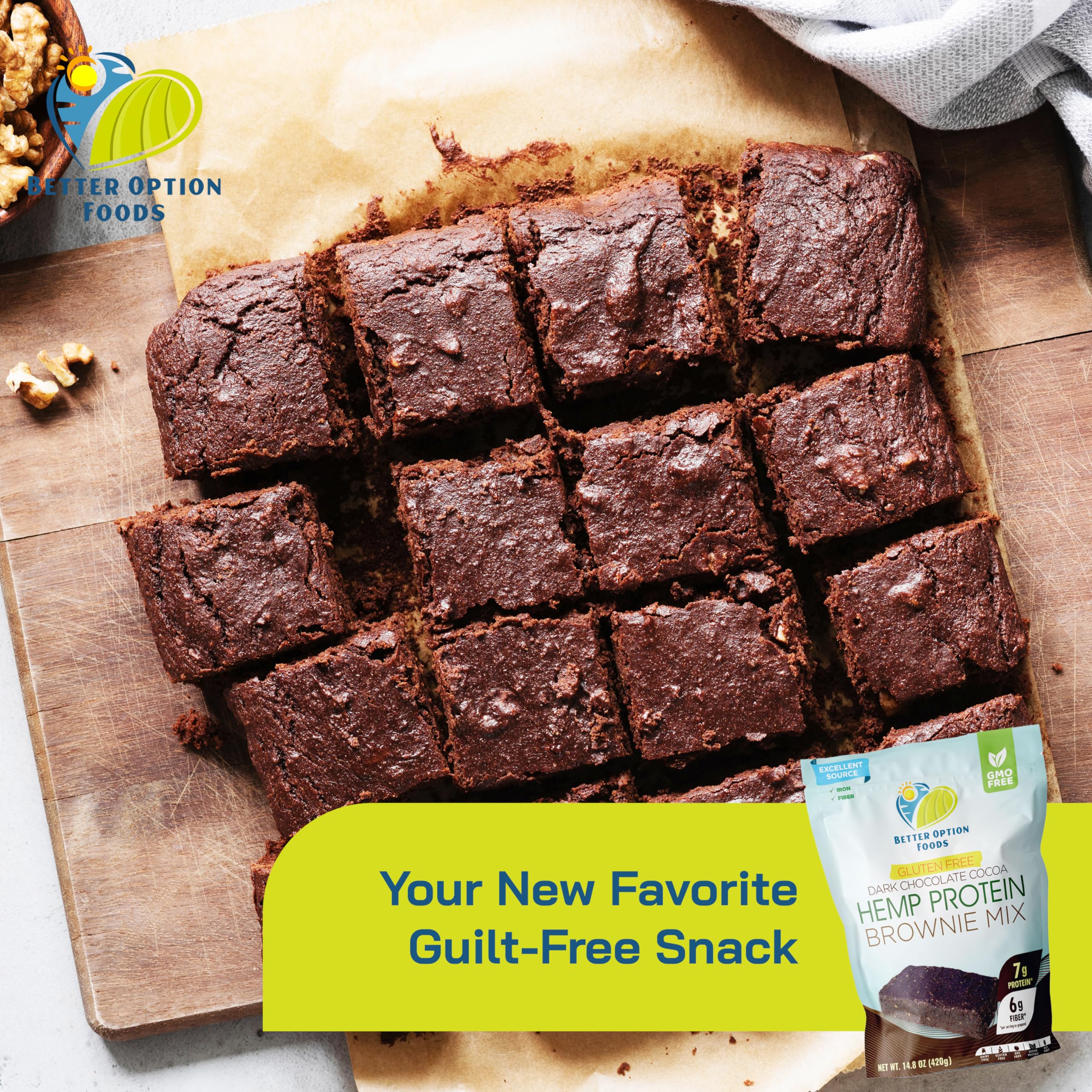 Organic Hemp Protein Brownie Mix - Vegan Plant-Based Protein Powder with Dark Cocoa & Natural Cane Sugar - Gluten Free, Dairy Free, Non-GMO Chocolate Baking Mix for Healthy Desserts - Perfect for Post-Workout Snacks, Vegan Treats & Guilt-Free Indulgence (14.8 oz) by Better Option Foods