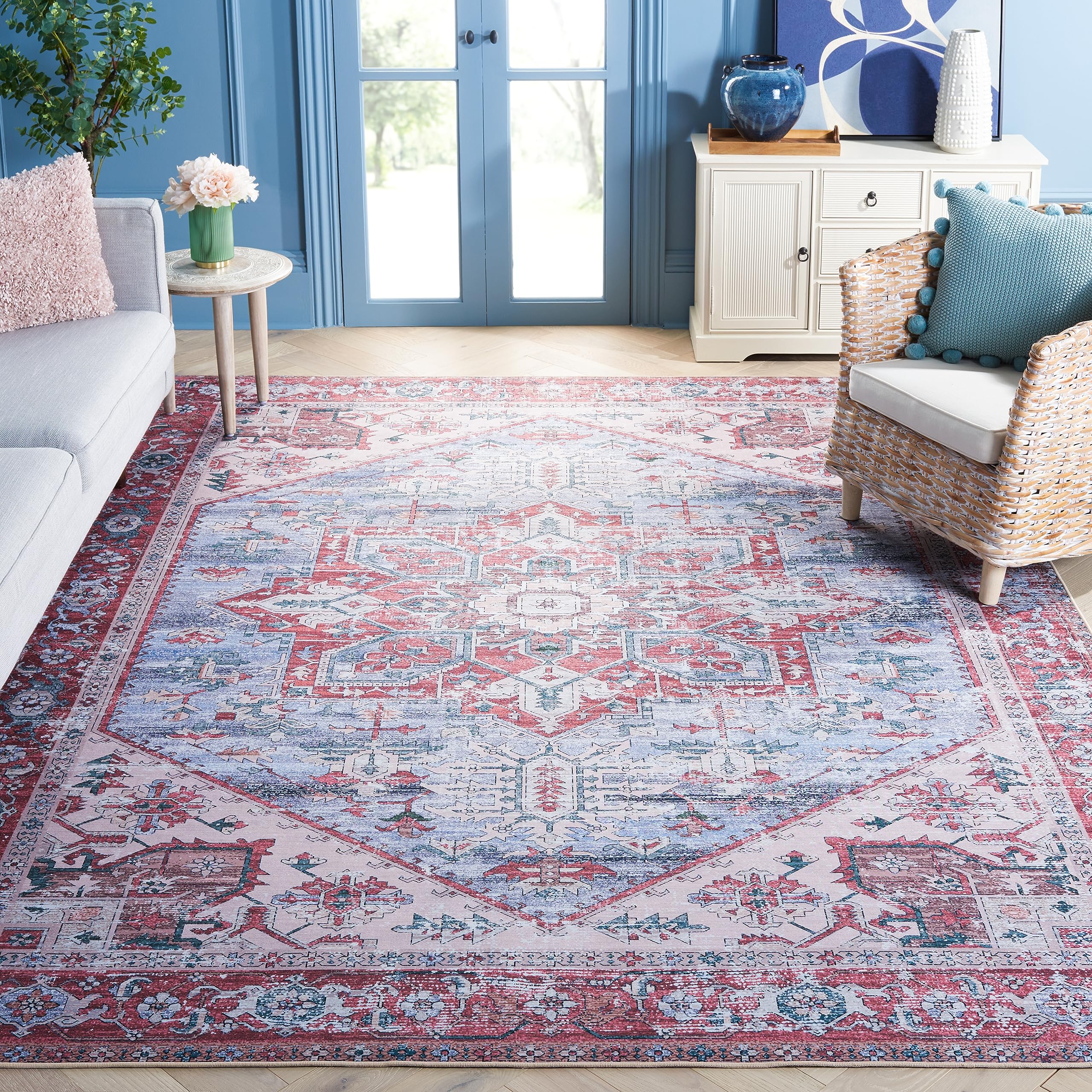 SAFAVIEH Tucson Collection 8' x 10' Area Rug - Grey Blue & Rust Persian Design, Non-Shedding Machine Washable & Slip Resistant - Perfect for Living Room, Bedroom, Dining Room & High Traffic Areas (TSN102G)