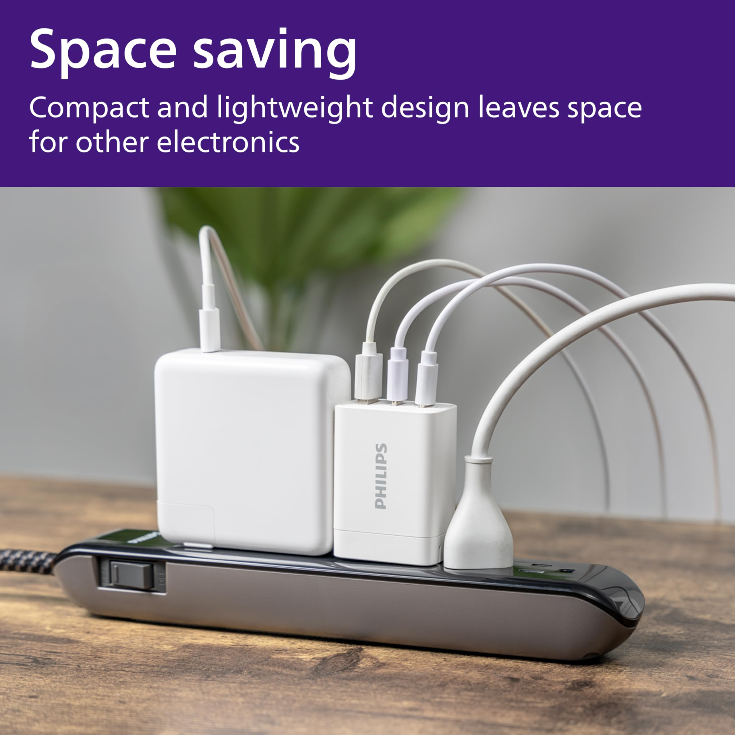 Philips 65W GaN Fast Charger with 3 Ports (USB C & USB A) - Compact Foldable Wall Charger for iPhone 16/15 Series, iPad Pro - White (DLP3653W/37) | Perfect for Travel, Office & Home Charging