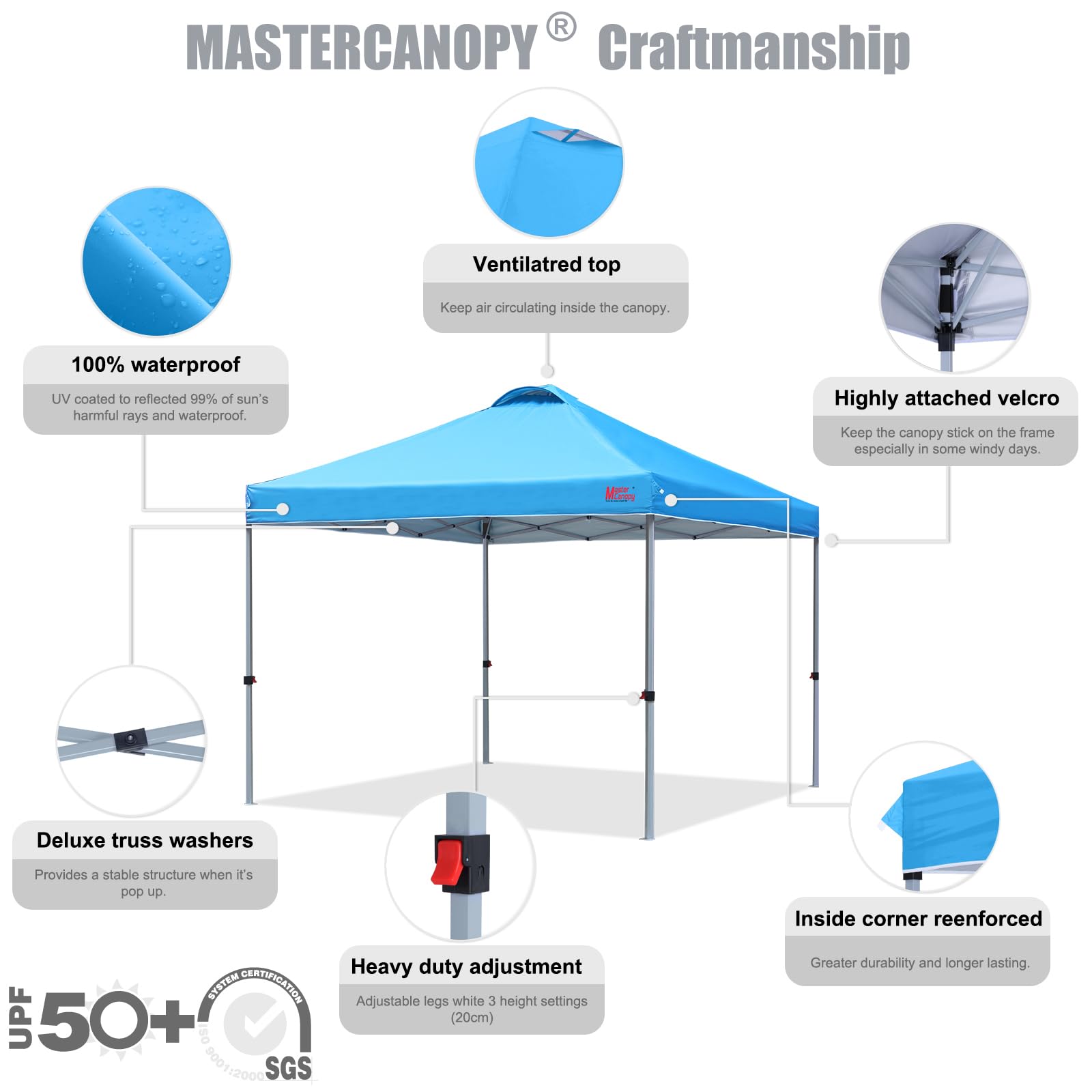 MASTERCANOPY 10x10 Pop Up Canopy Tent - Heavy Duty Instant Shelter with Carry Bag, Sky Blue - Perfect for Outdoor Events, Camping, Beach, Picnics & Tailgating