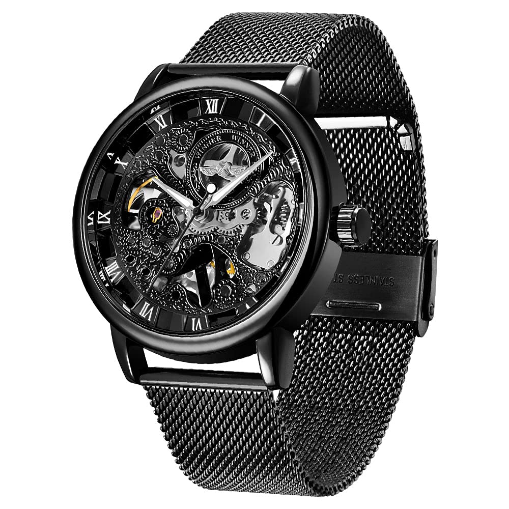 Men's Skeleton Mechanical Watch with Roman Numerals & Mesh Strap - Hand Winding Luminous Waterproof Wristwatch for Business, Casual & Formal Occasions
