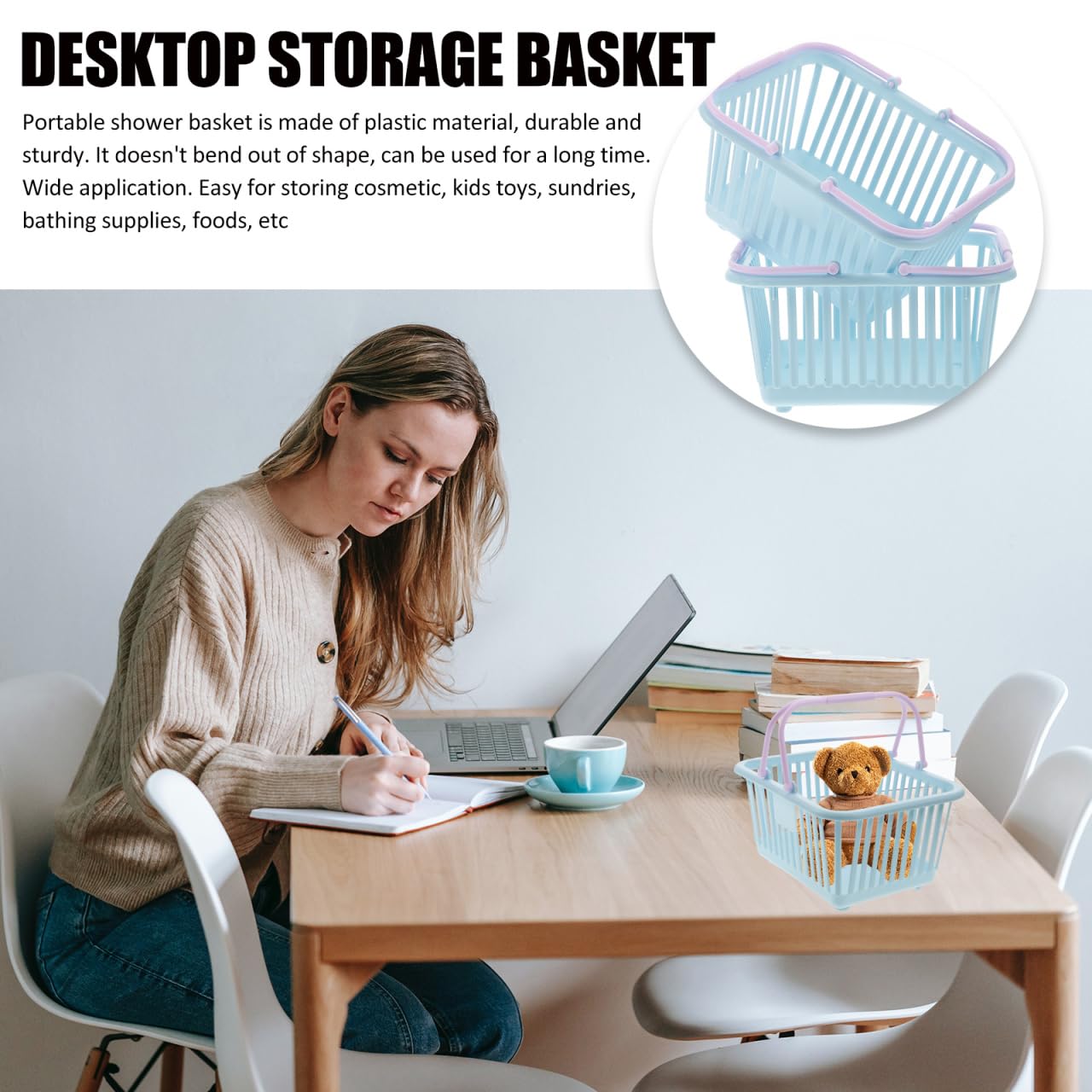 3-Piece Plastic Storage Baskets with Handles - Small Toy Organizer, Desktop Sundries Basket & Shopping Baskets in Sky Blue - Perfect for Kids' Room, Office Organization & Retail Displays