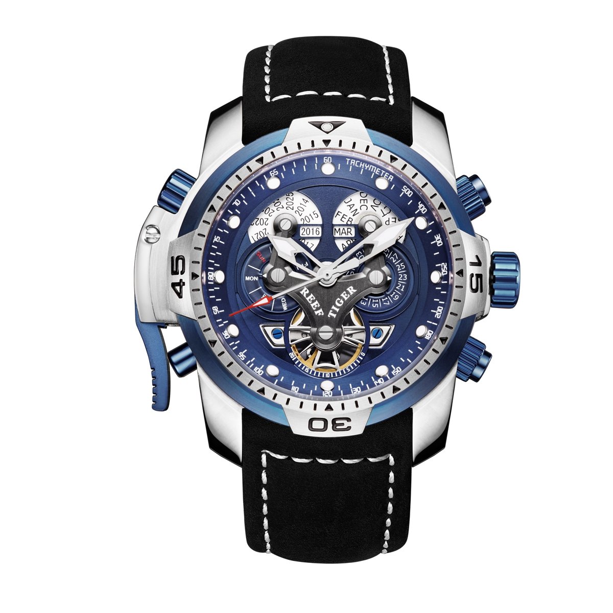 REEF TIGER Men's Military Automatic Watch - Stainless Steel Case, Blue Dial, Waterproof Sport Watch (Model RGA3503) | Perfect for Outdoor Adventures, Hiking & Military Enthusiasts