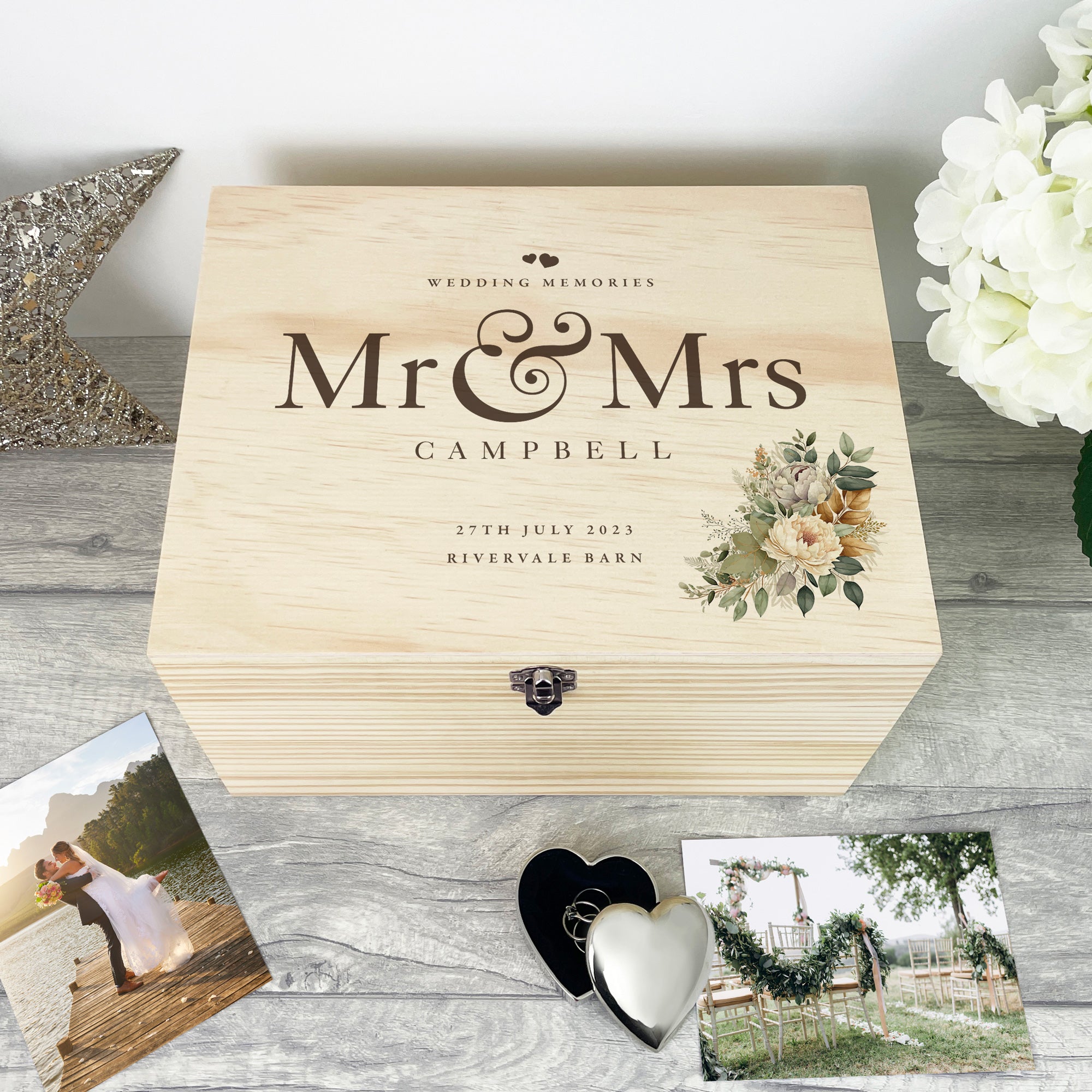 Personalized Pine Wood Wedding Memory Box - Handmade Boho Keepsake Box for Couples, Brides & Anniversaries - 5 Sizes (16cm, 20cm, 26cm, 30cm, 36cm) - Perfect for Storing Rings, Photos, Love Letters & Special Wedding Mementos